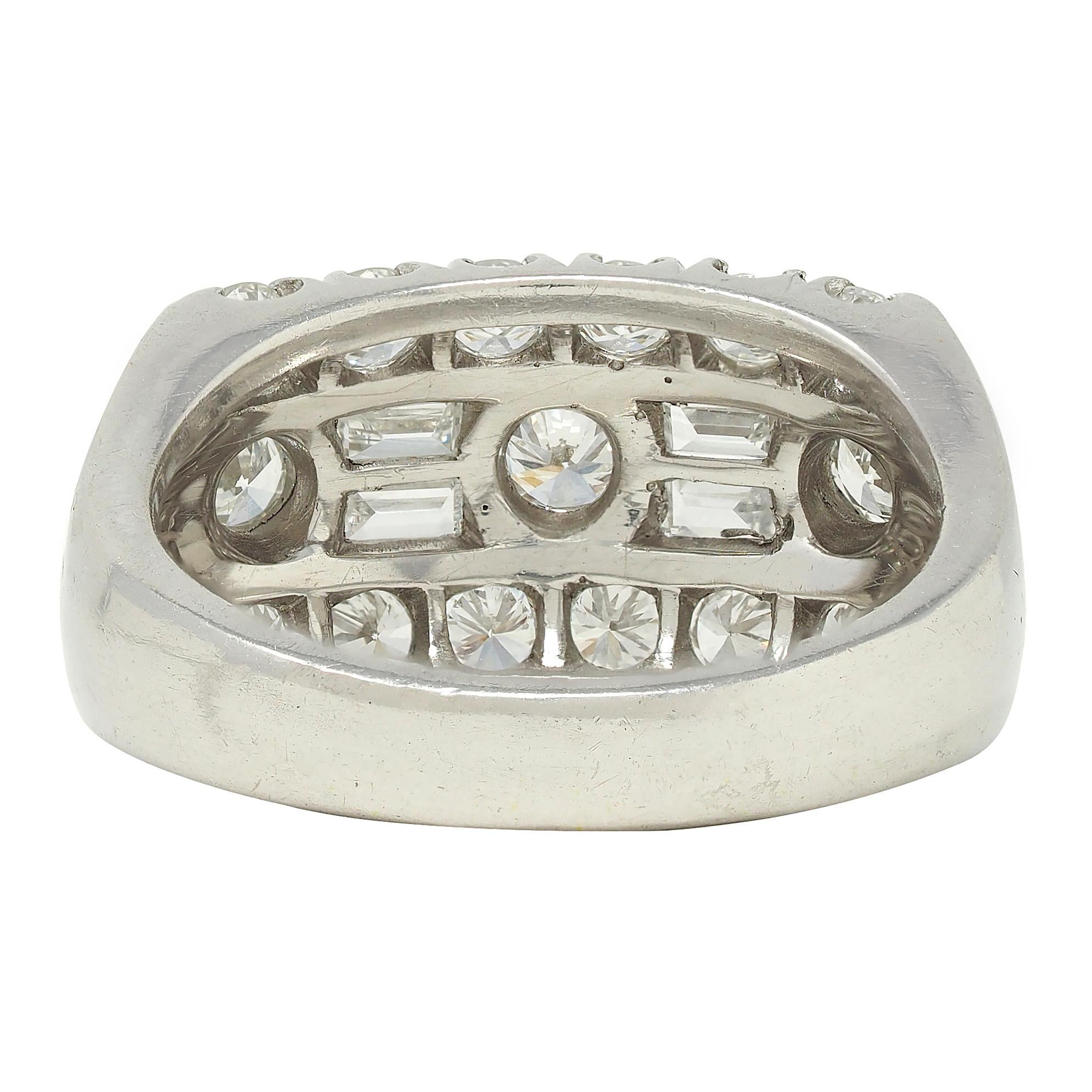 Granat Mid-Century 1.55 CTW Diamond Platinum Vintage Three Row Band Ring