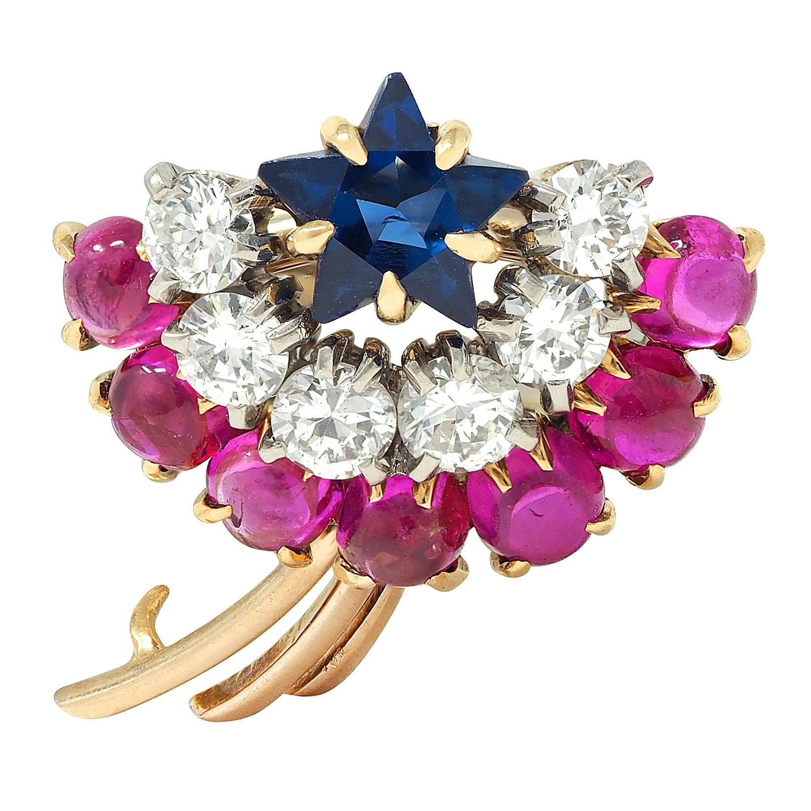 Cartier Retro 14K Yellow Gold Diamond Ruby Sapphire Vintage Shooting Star Brooch