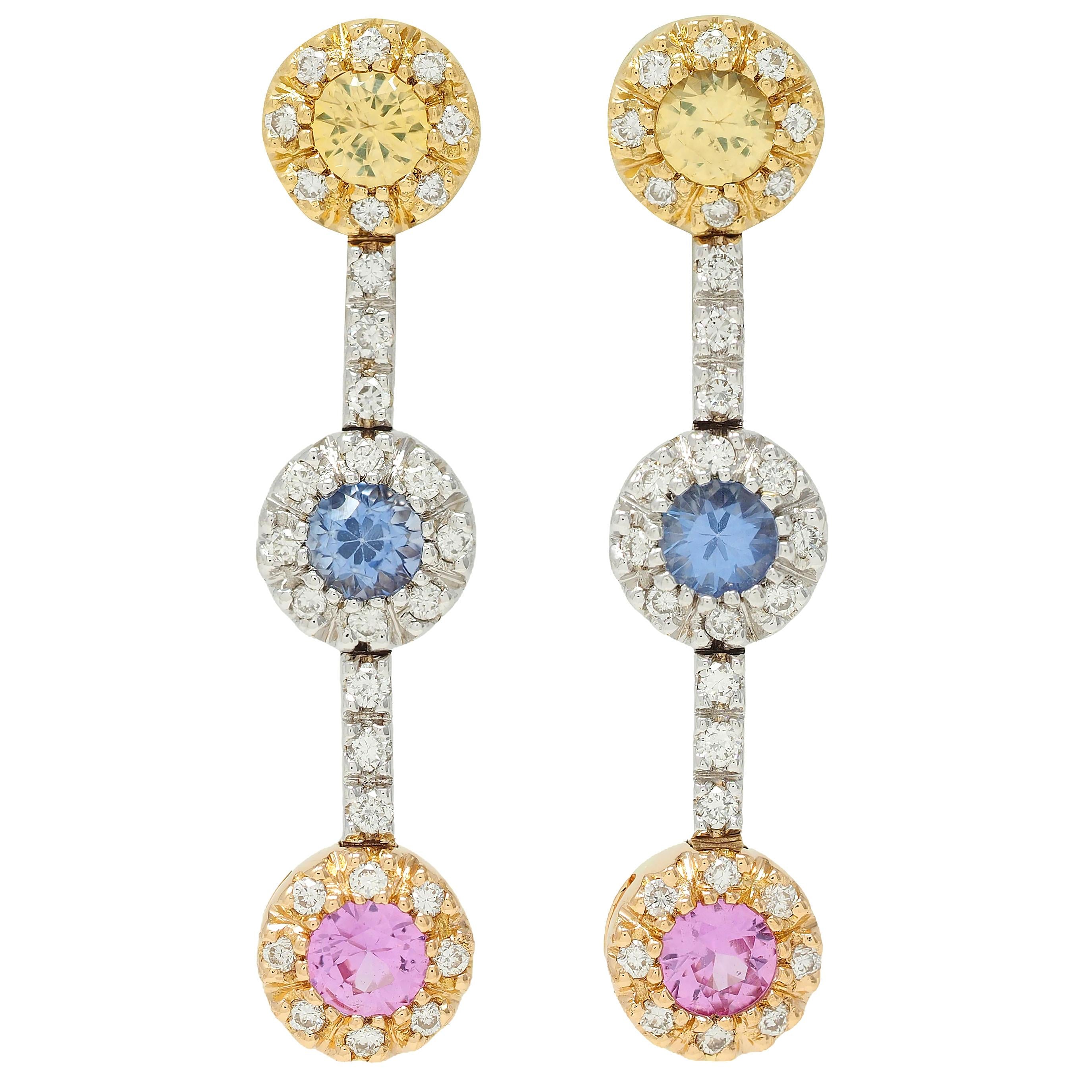 Contemporary 1.99 CTW Fancy Sapphire Diamond 18 Karat Two-Tone Gold Drop Earring