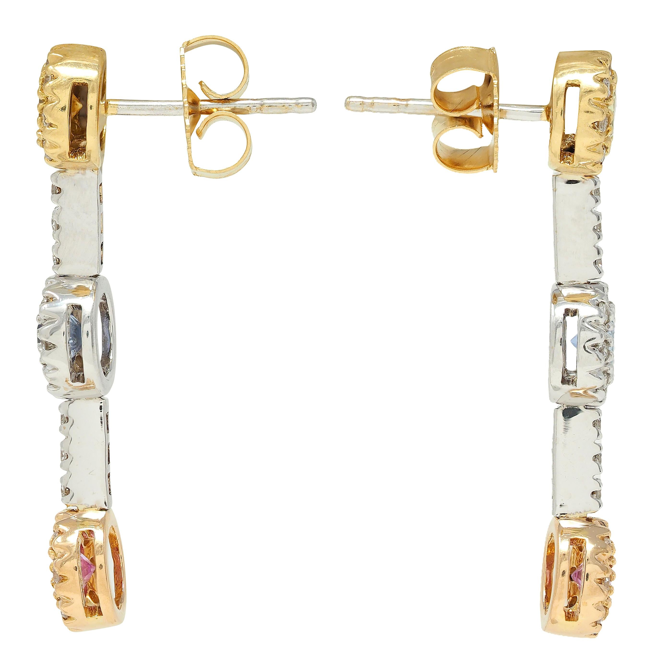 Contemporary 1.99 CTW Fancy Sapphire Diamond 18 Karat Two-Tone Gold Drop Earring