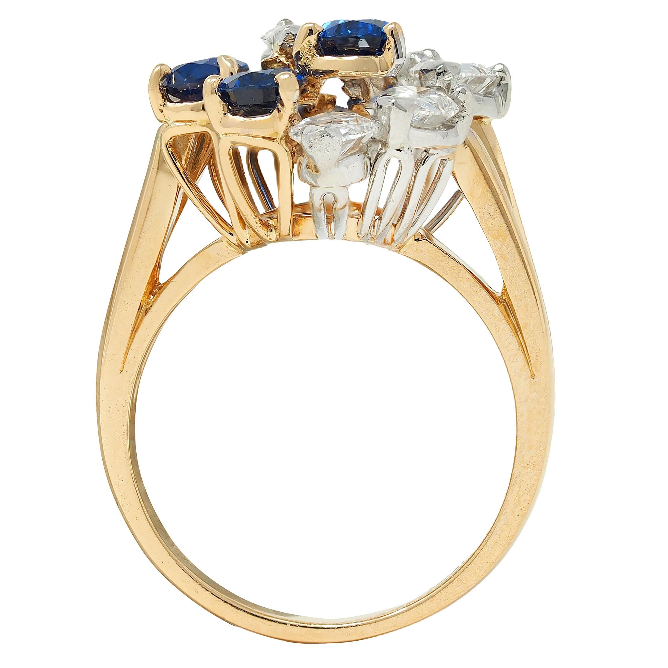 3.50 CTW Sapphire Diamond Platinum 18 Karat Gold Vintage Cluster Cocktail Ring
