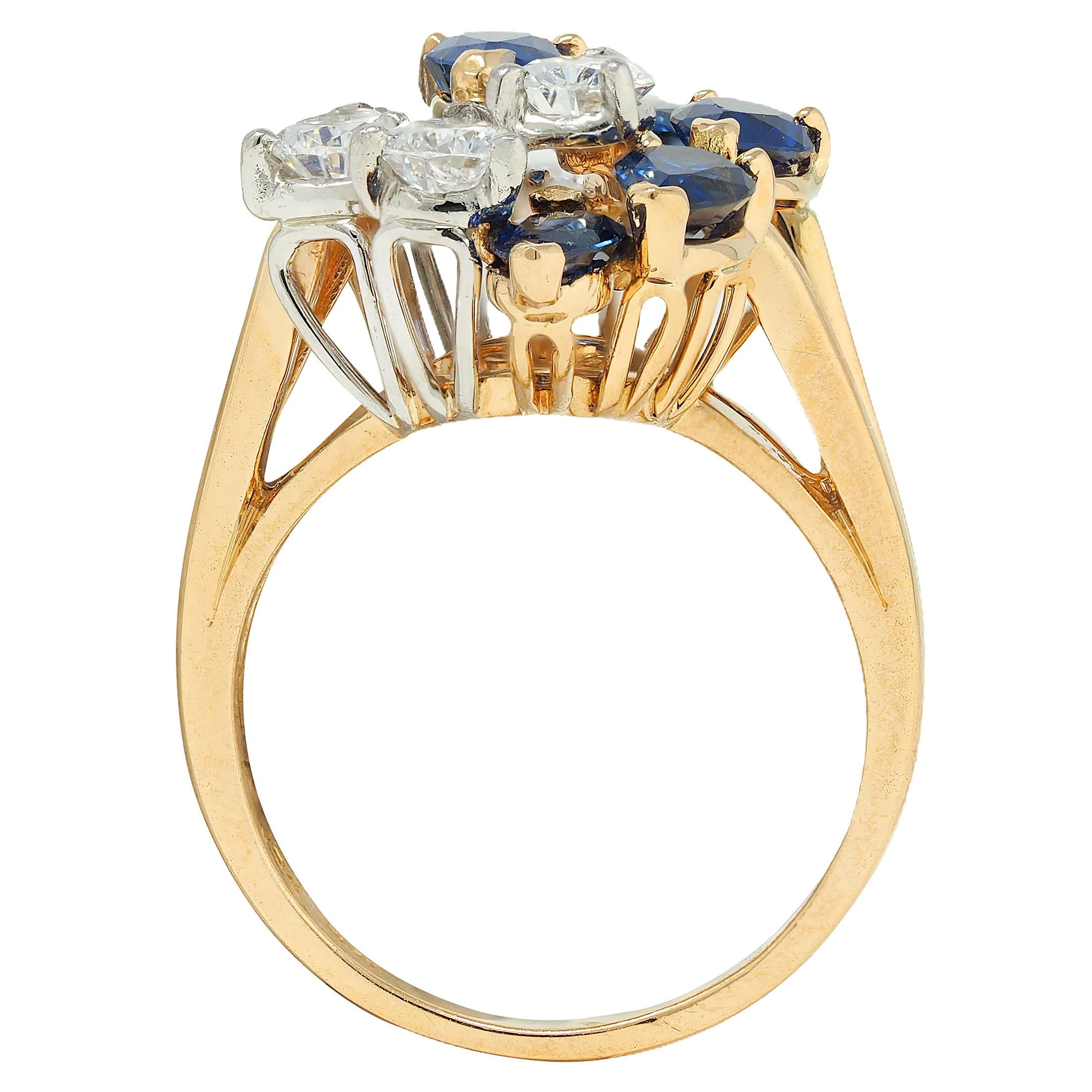 3.50 CTW Sapphire Diamond Platinum 18 Karat Gold Vintage Cluster Cocktail Ring