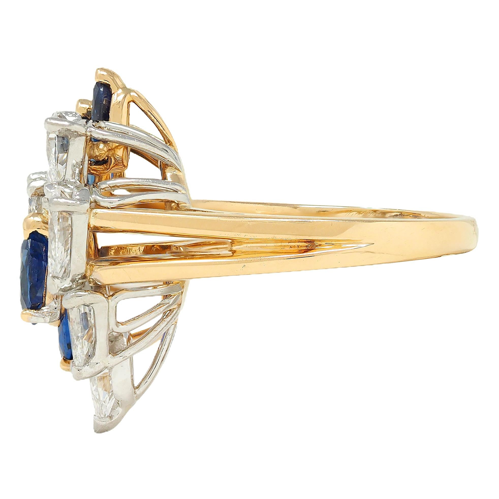 3.50 CTW Sapphire Diamond Platinum 18 Karat Gold Vintage Cluster Cocktail Ring