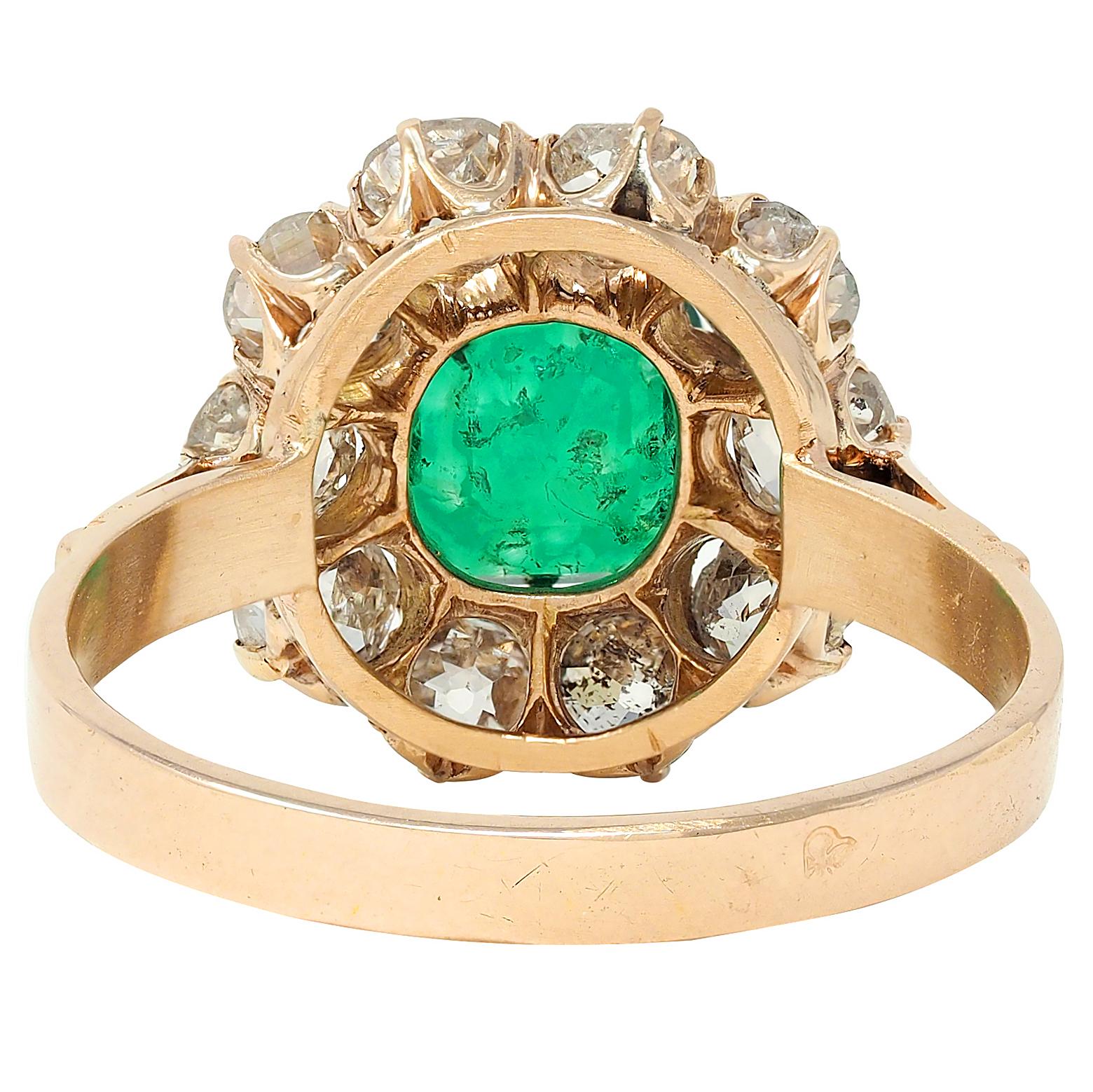 Victorian 2.79 CTW Colombian Emerald Diamond 14 Karat Yellow Gold Antique Ring