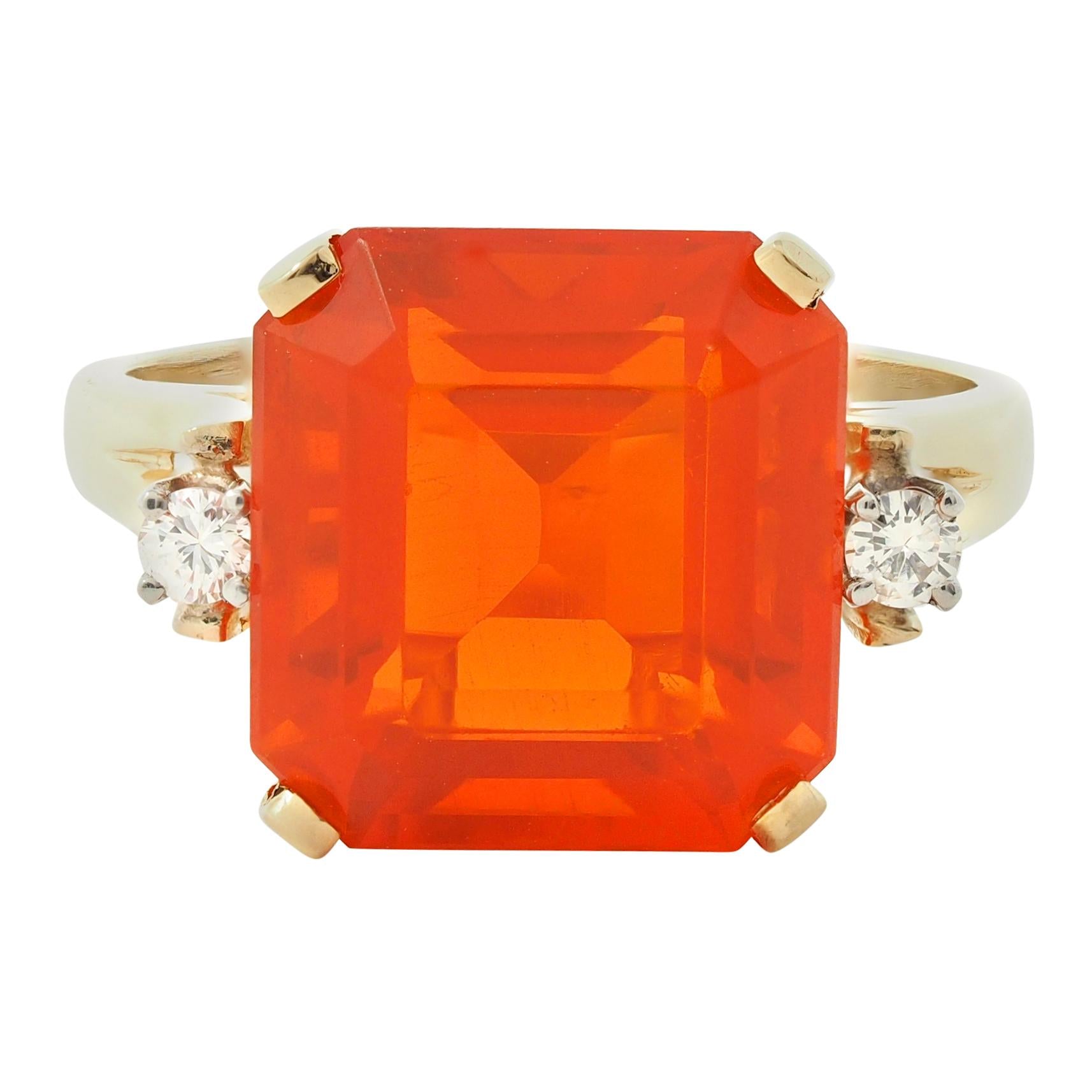 Mid-Century Fire Opal Diamond 14 Karat Two-Tone Gold Vintage Cocktail Ring