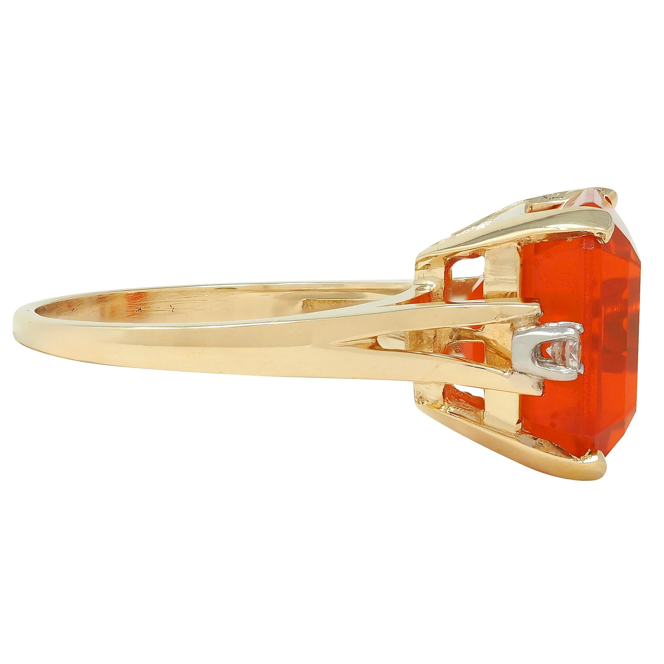 Mid-Century Fire Opal Diamond 14 Karat Two-Tone Gold Vintage Cocktail Ring