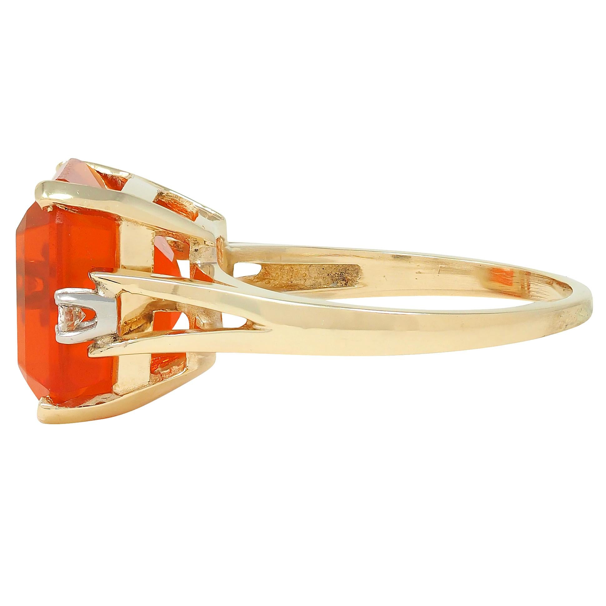 Mid-Century Fire Opal Diamond 14 Karat Two-Tone Gold Vintage Cocktail Ring