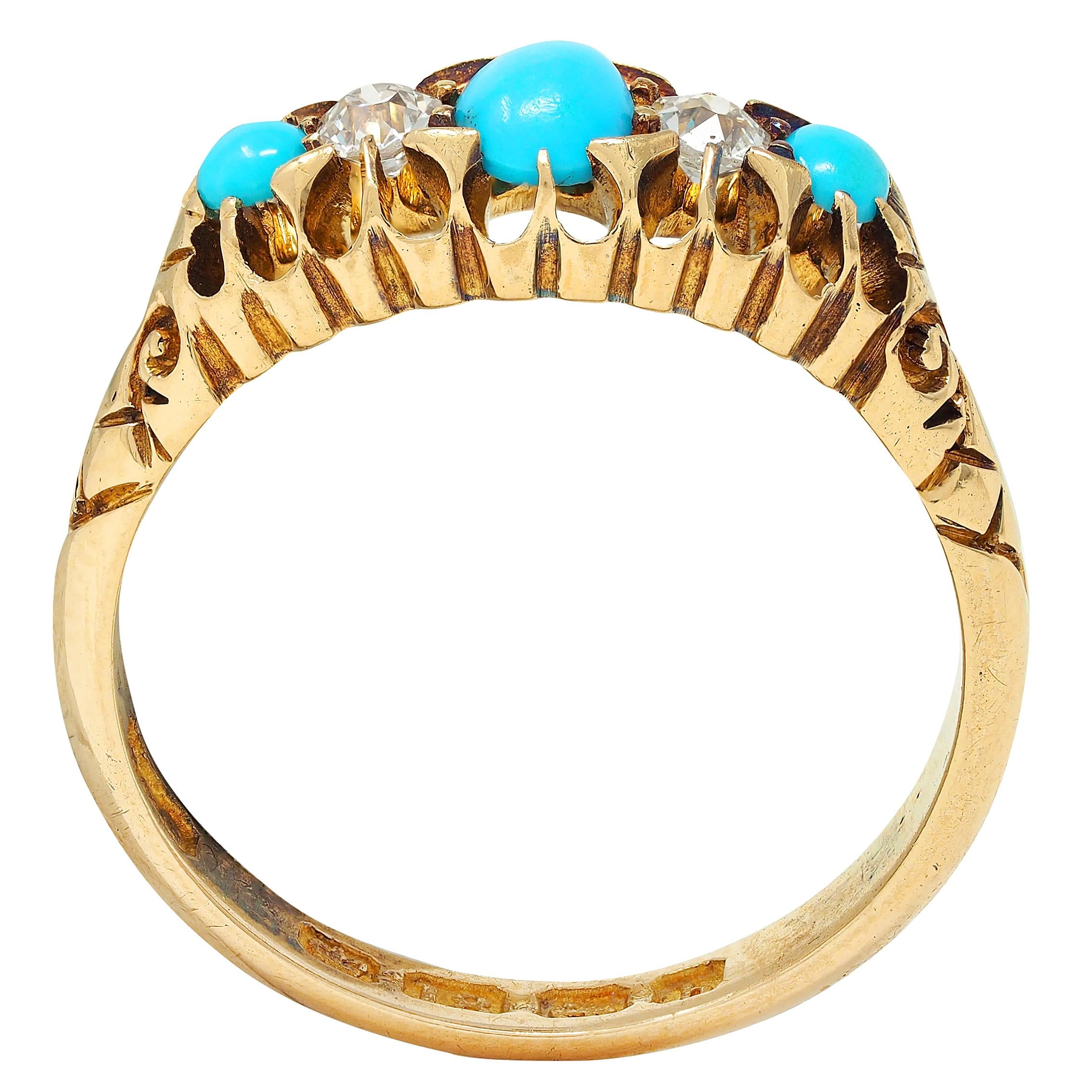 1919 Turquoise Diamond 18 Karat Yellow Gold Antique Five Stone Band Ring