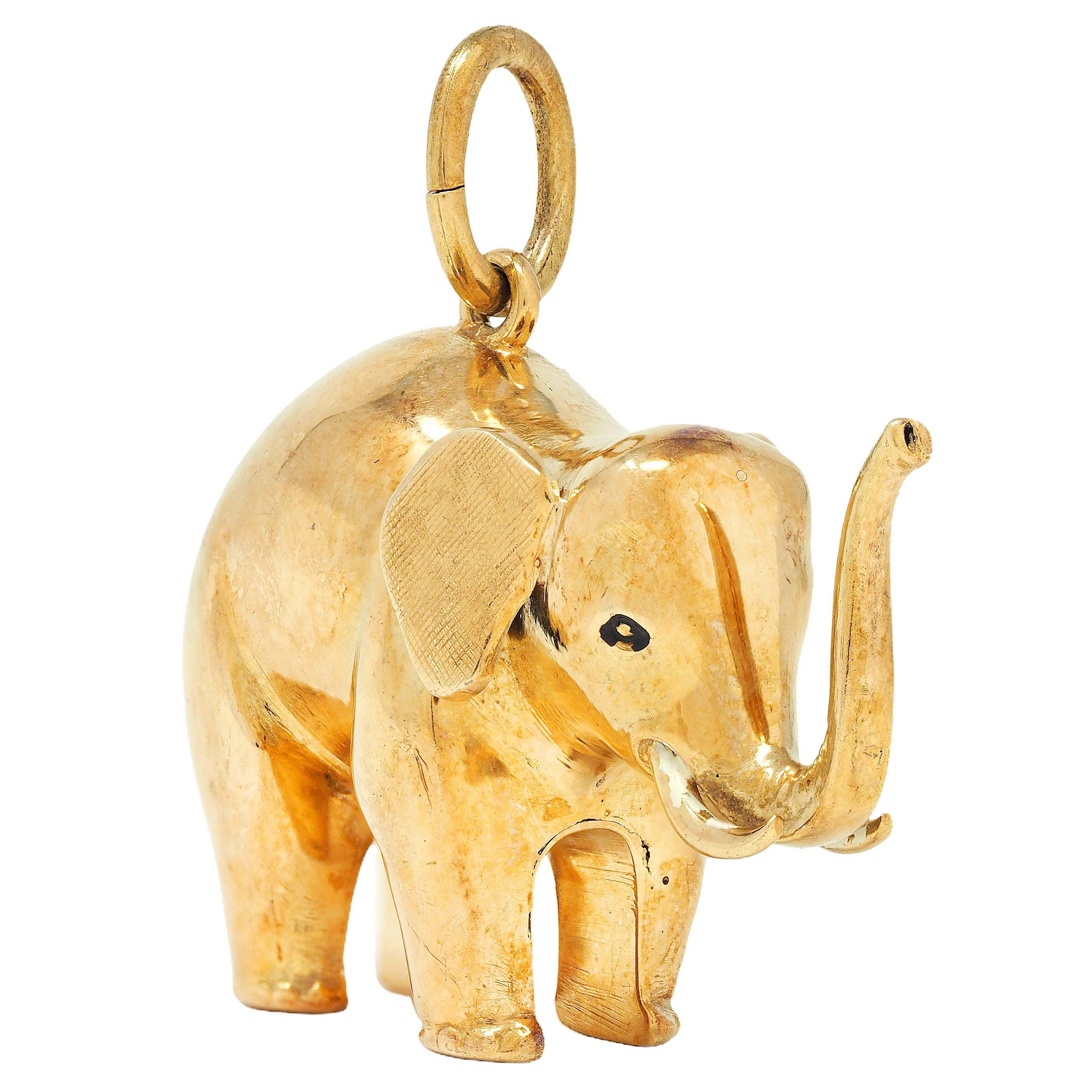 Late Art Deco 14 Karat Yellow Gold Elephant Pendant Charm