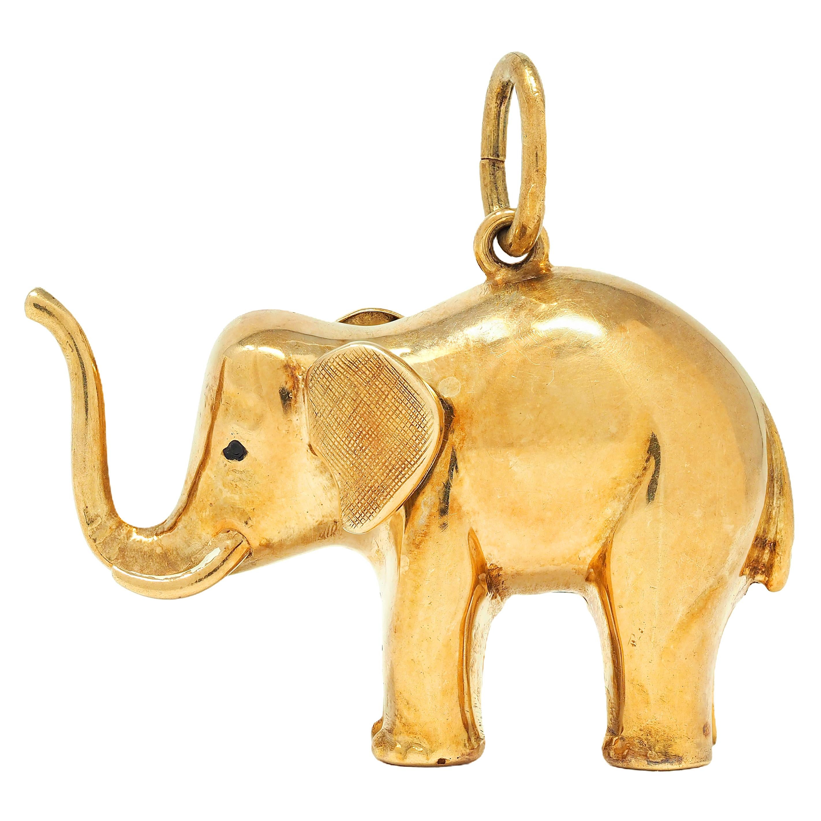 Late Art Deco 14 Karat Yellow Gold Elephant Pendant Charm