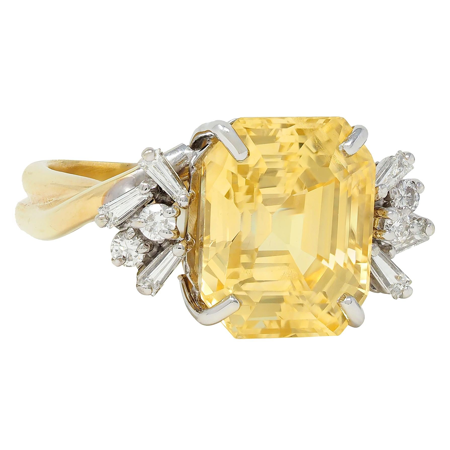 1950's 11.37 CTW No Heat Ceylon Yellow Sapphire Diamond 18K Gold Vintage Ring