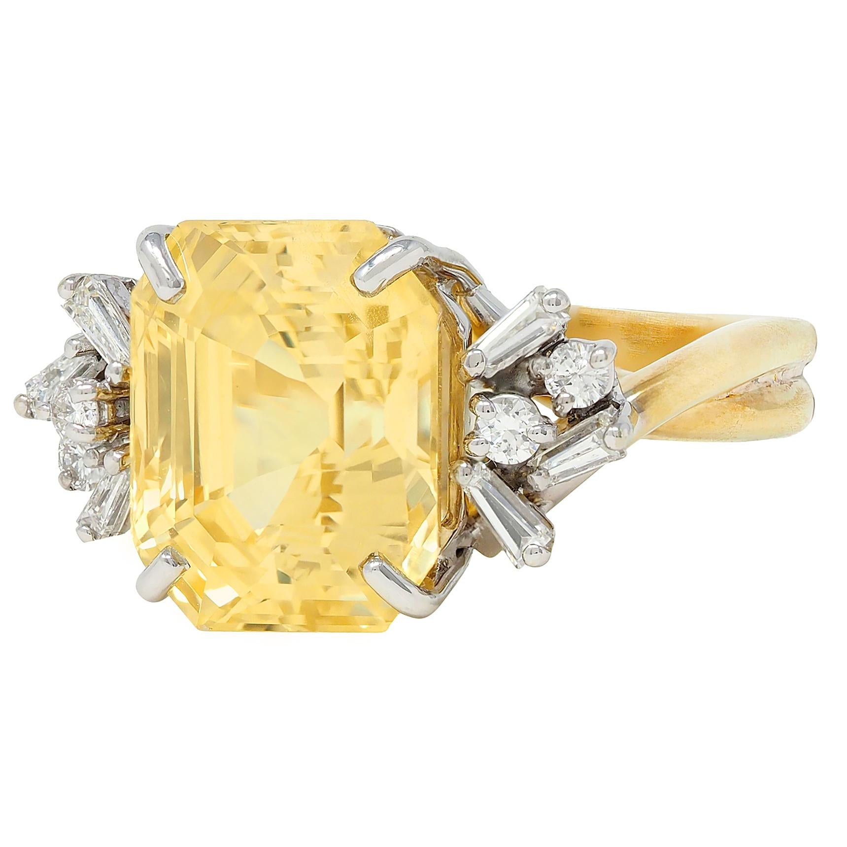 1950's 11.37 CTW No Heat Ceylon Yellow Sapphire Diamond 18K Gold Vintage Ring