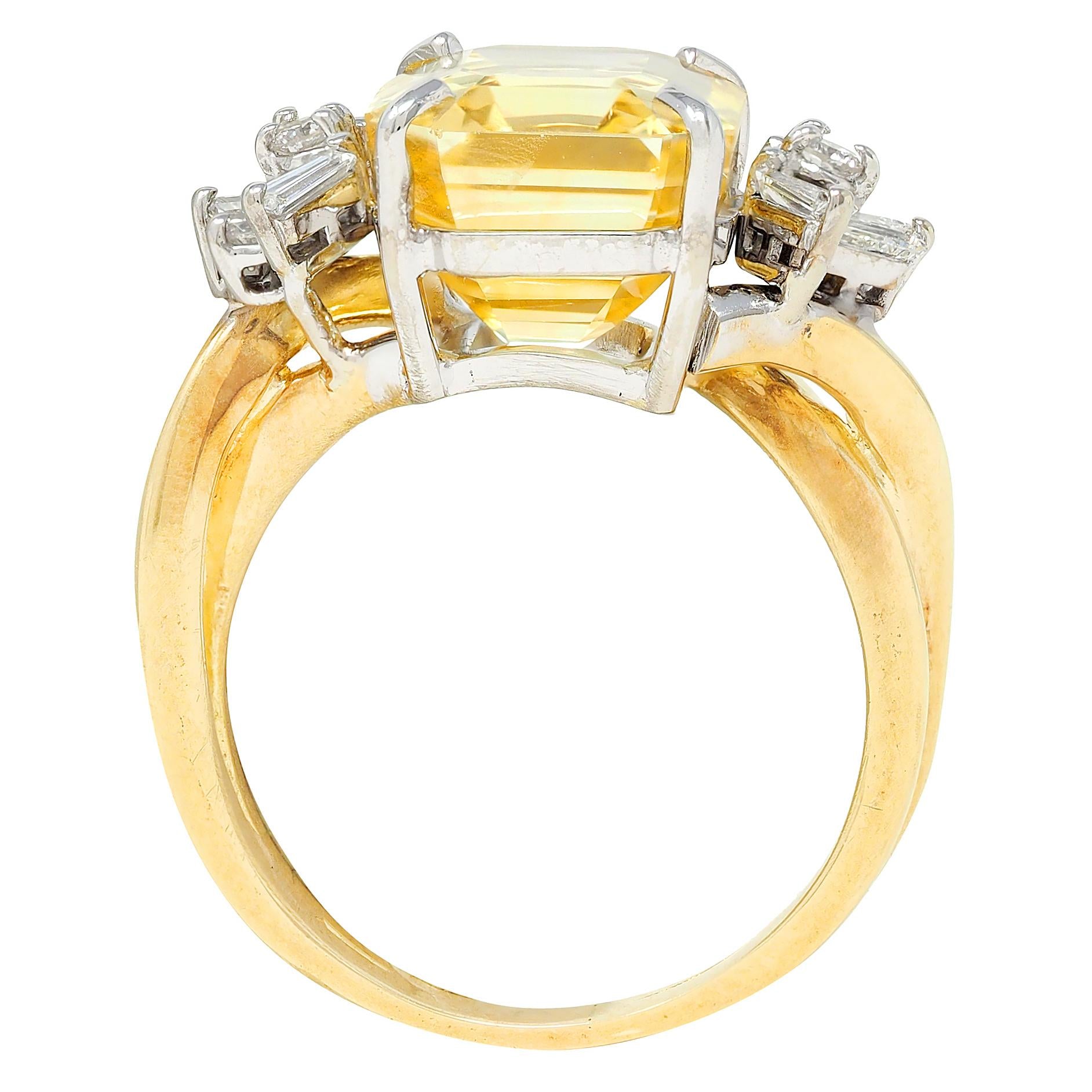 1950's 11.37 CTW No Heat Ceylon Yellow Sapphire Diamond 18K Gold Vintage Ring