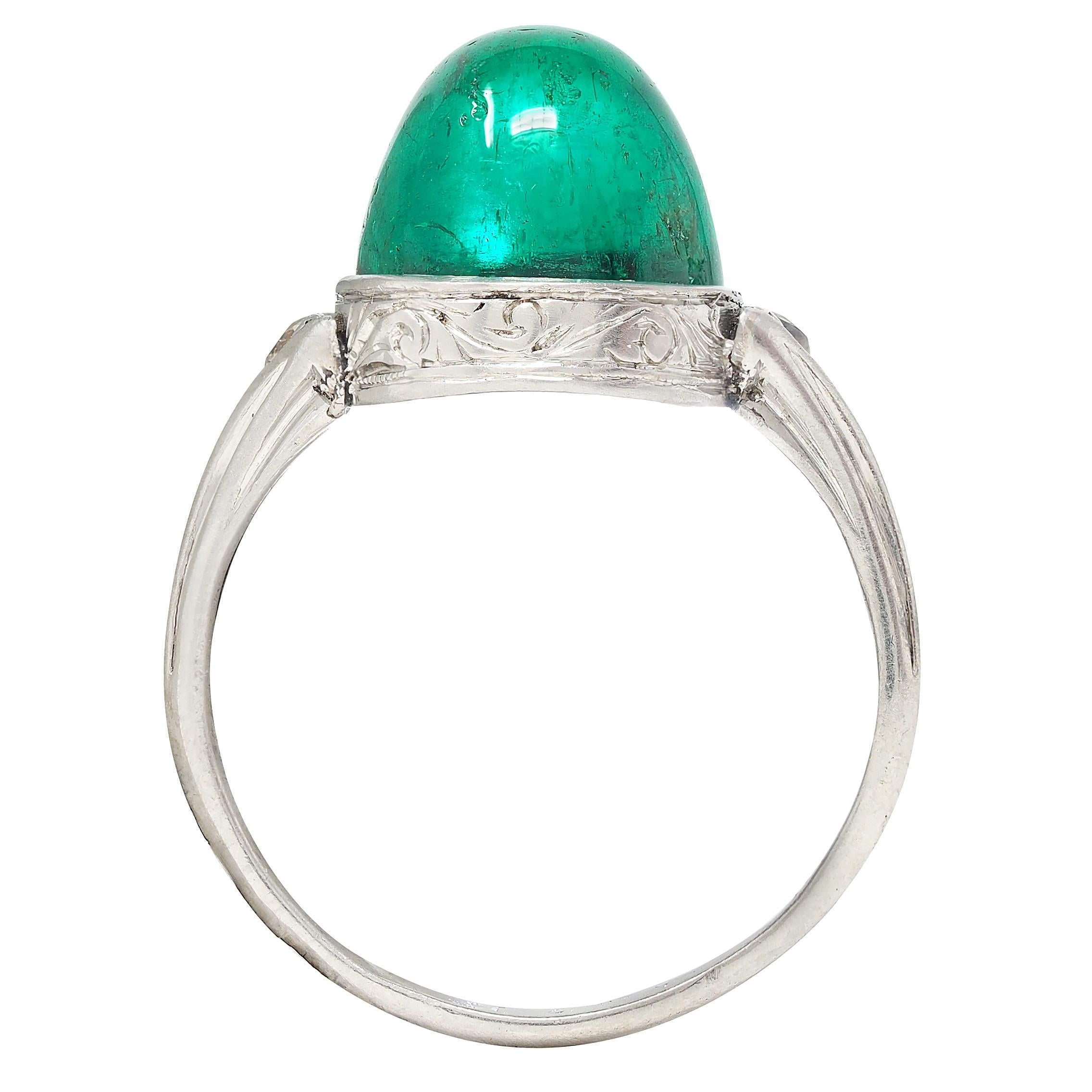 Art Deco 6.34 CTW Colombian Emerald Diamond Platinum Vintage Scrolling Ring AGL