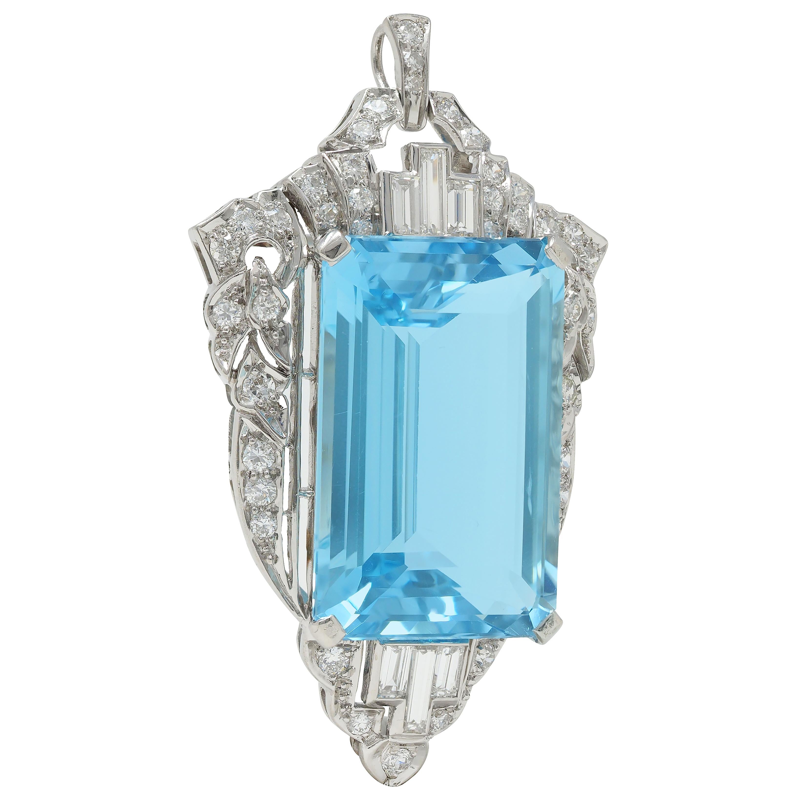 Late Art Deco 32.05 CTW Aquamarine Diamond Platinum Vintage Pendant Brooch