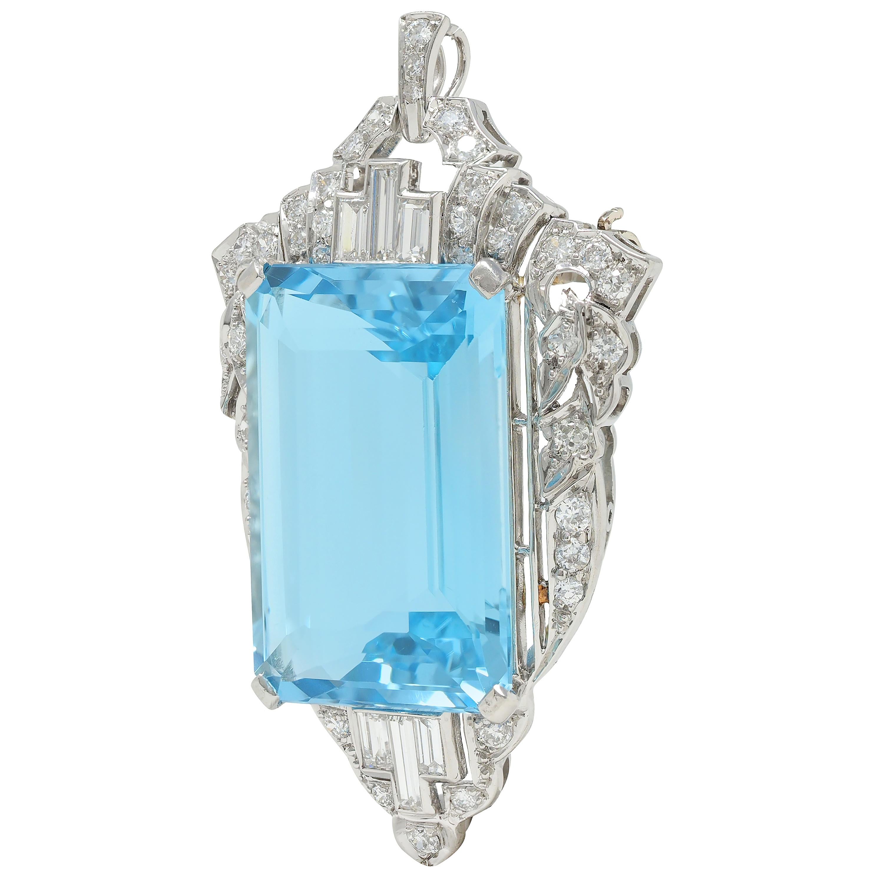 Late Art Deco 32.05 CTW Aquamarine Diamond Platinum Vintage Pendant Brooch