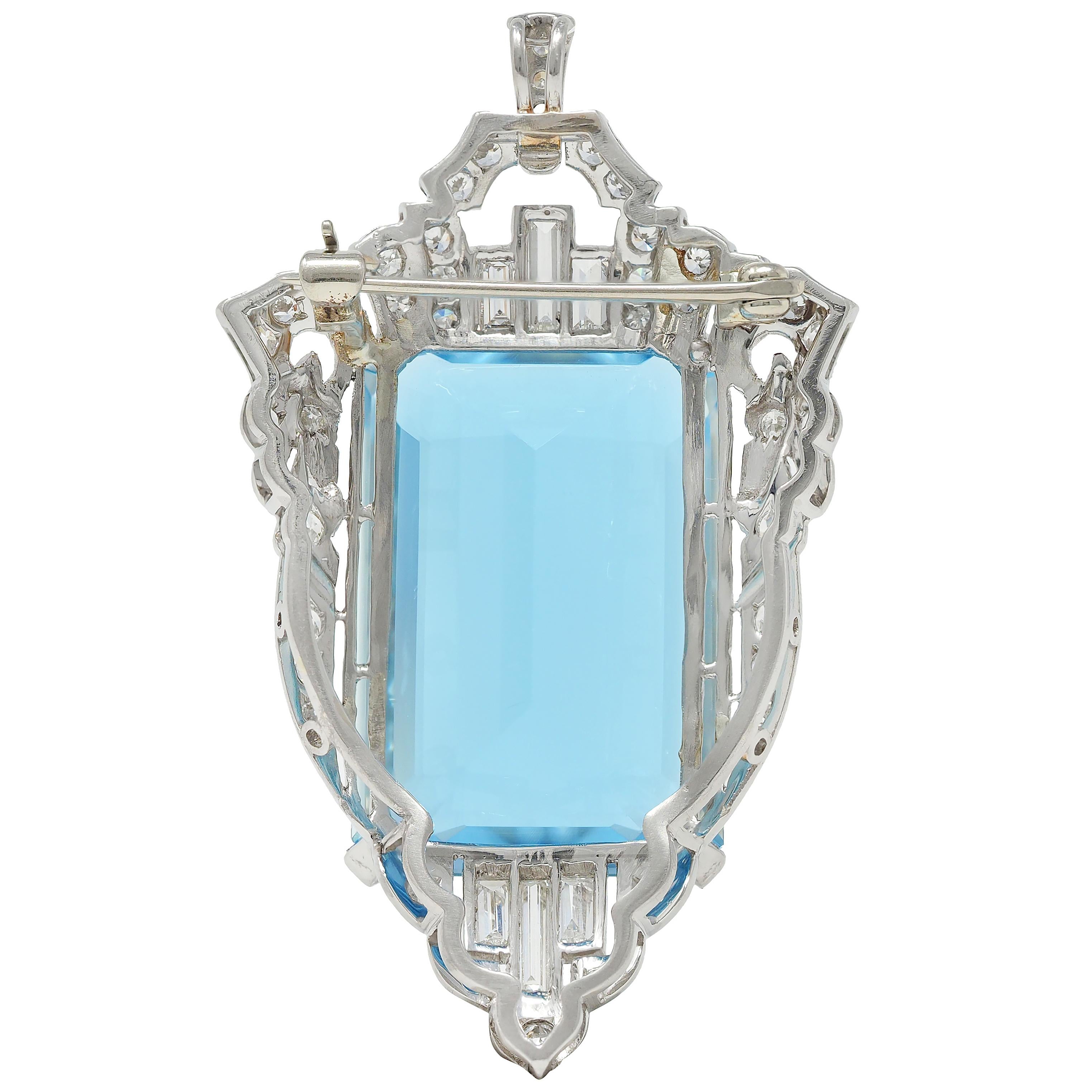 Late Art Deco 32.05 CTW Aquamarine Diamond Platinum Vintage Pendant Brooch