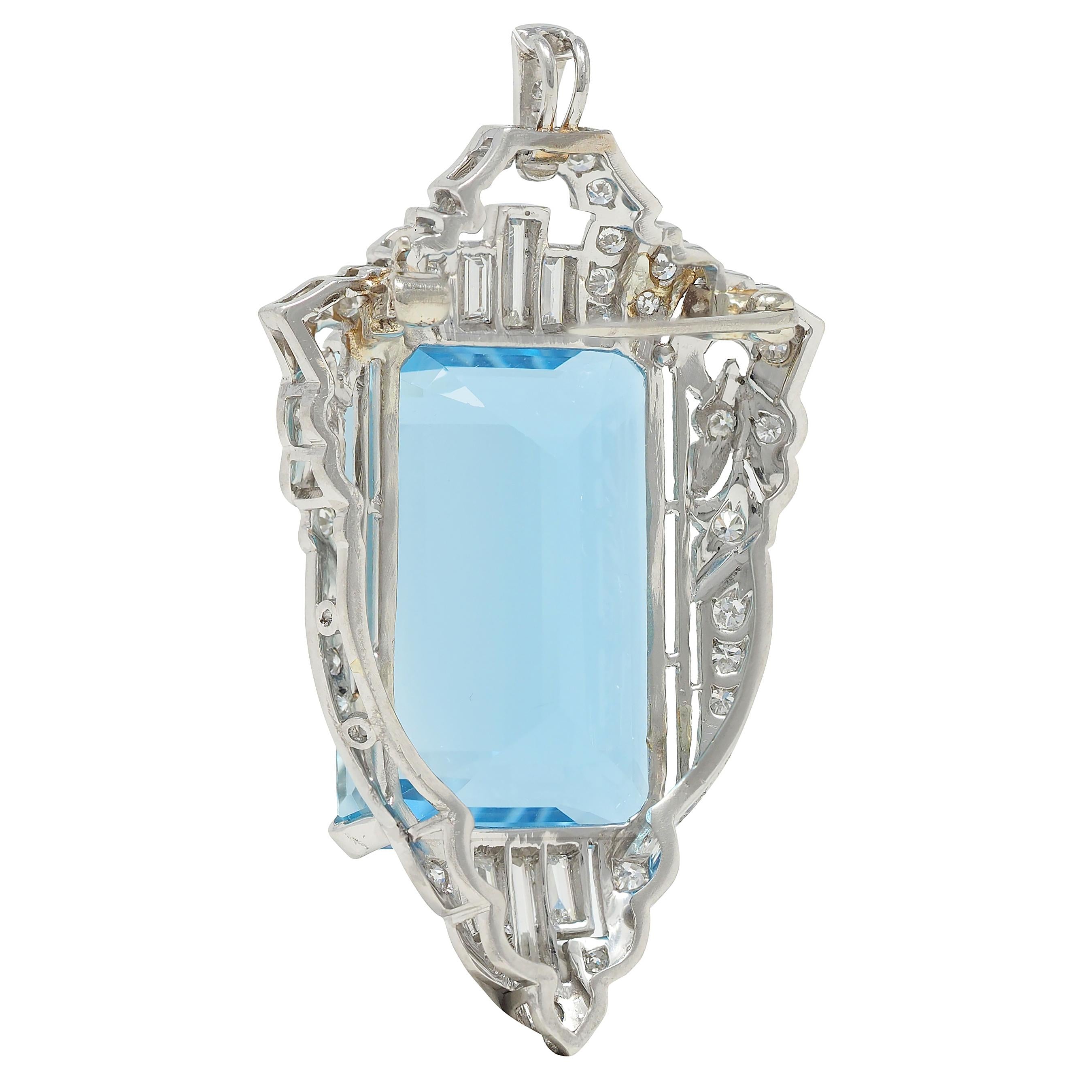 Late Art Deco 32.05 CTW Aquamarine Diamond Platinum Vintage Pendant Brooch