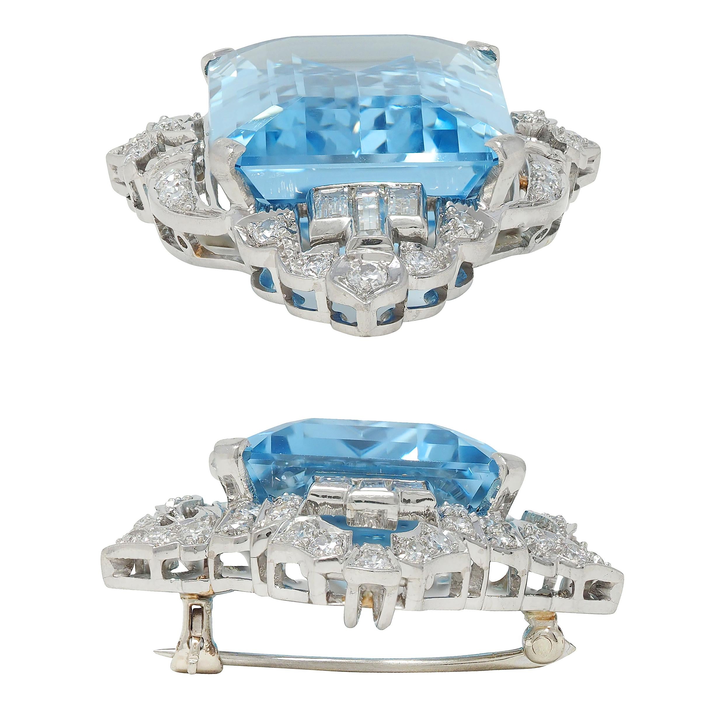 Late Art Deco 32.05 CTW Aquamarine Diamond Platinum Vintage Pendant Brooch