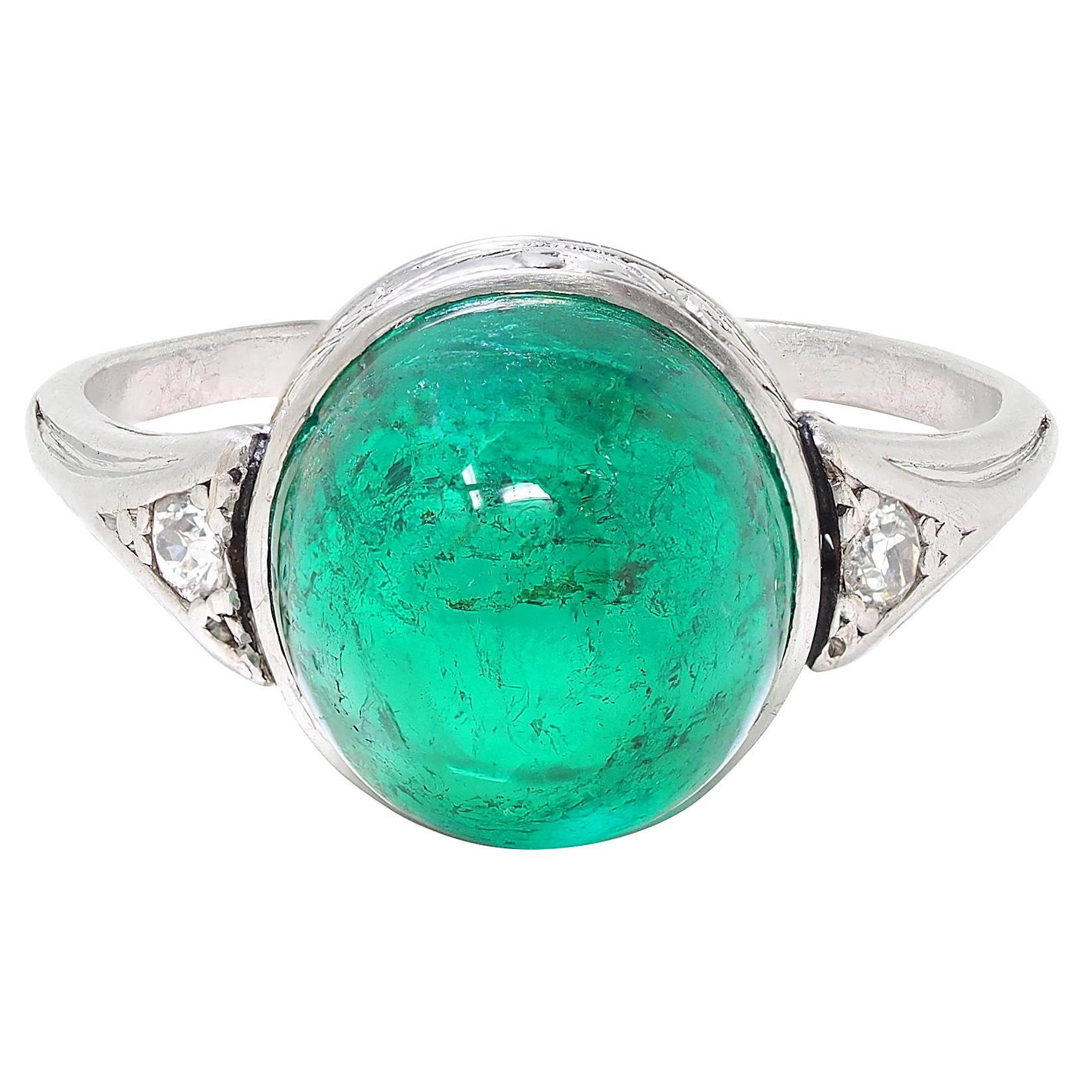 Art Deco 6.34 CTW Colombian Emerald Diamond Platinum Vintage Scrolling Ring AGL