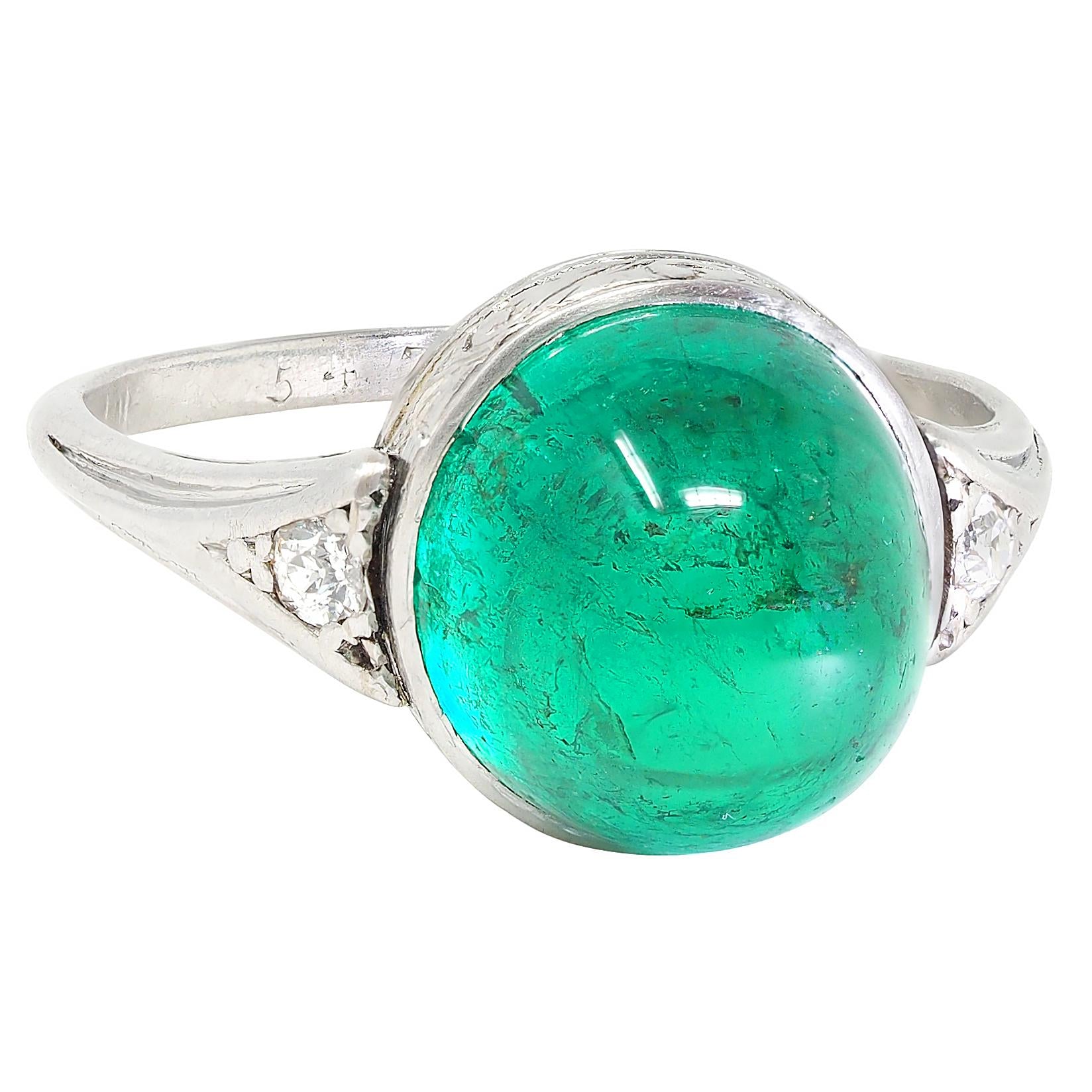 Art Deco 6.34 CTW Colombian Emerald Diamond Platinum Vintage Scrolling Ring AGL