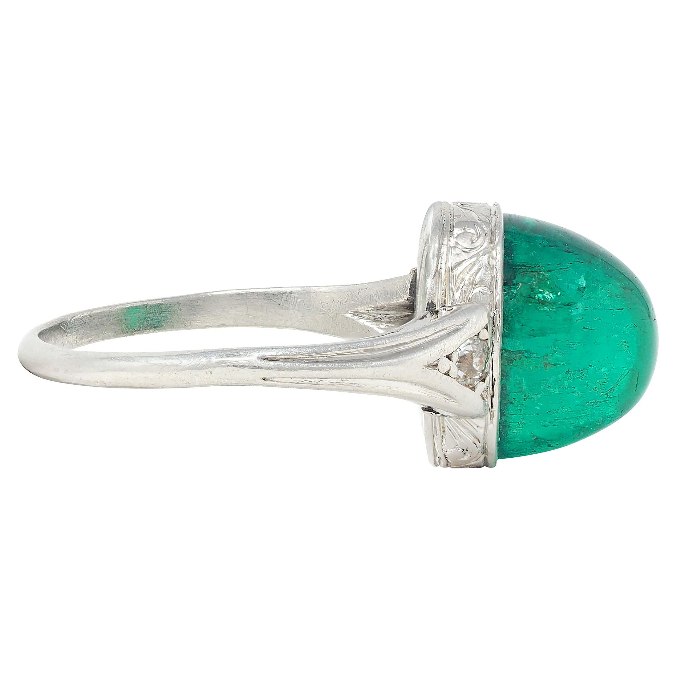 Art Deco 6.34 CTW Colombian Emerald Diamond Platinum Vintage Scrolling Ring AGL