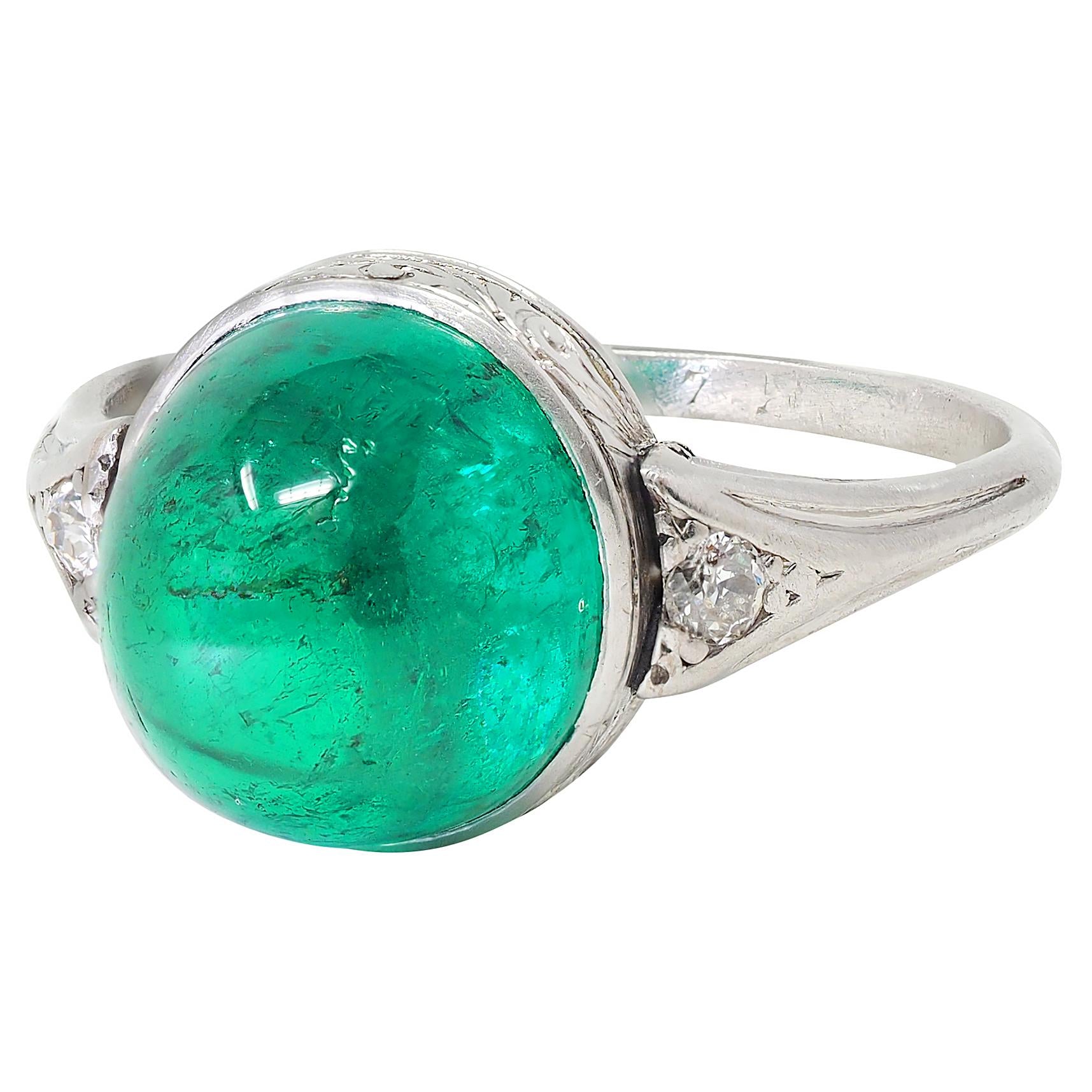 Art Deco 6.34 CTW Colombian Emerald Diamond Platinum Vintage Scrolling Ring AGL