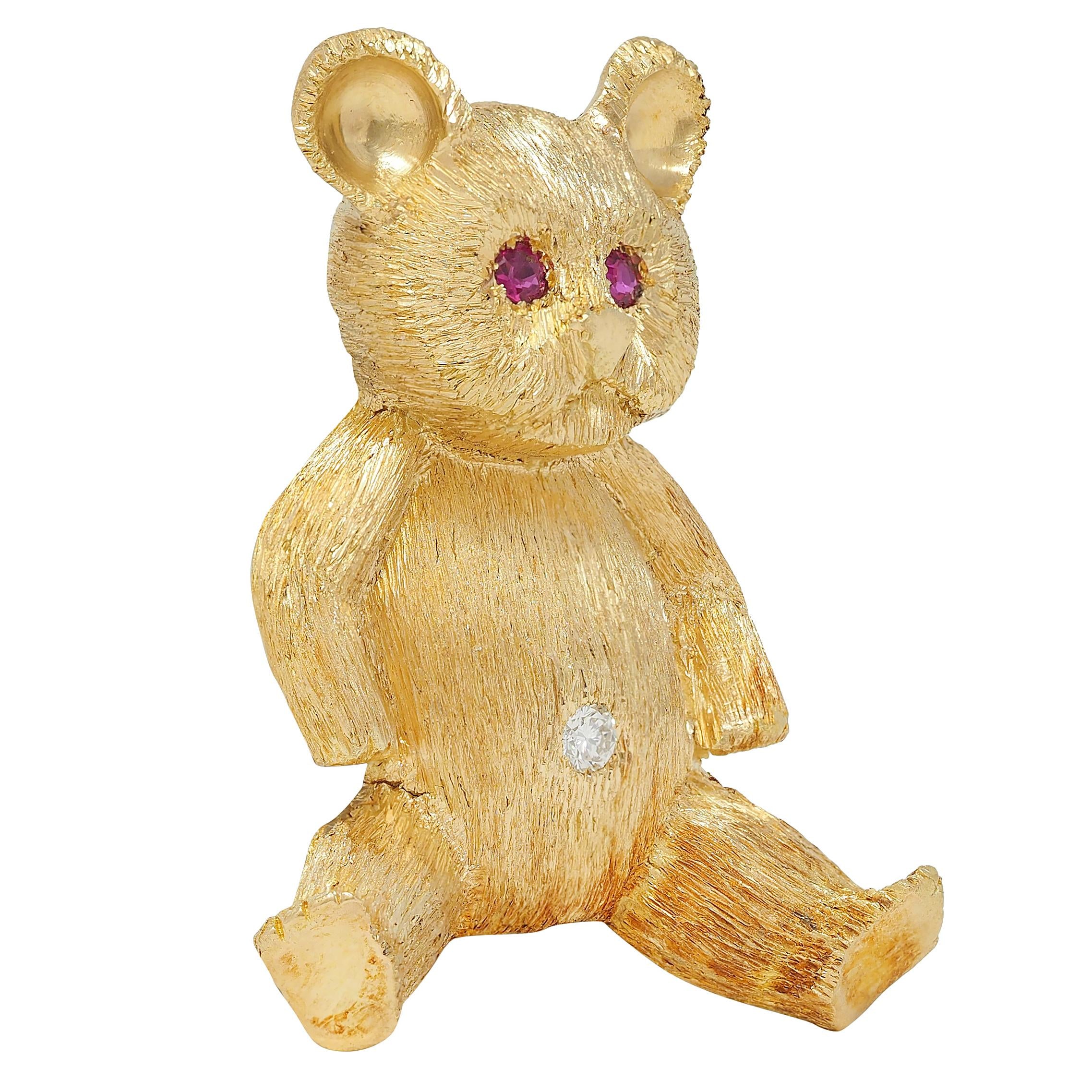 George Lederman 1960's Ruby Diamond 18K Yellow Gold Vintage Teddy Bear Brooch