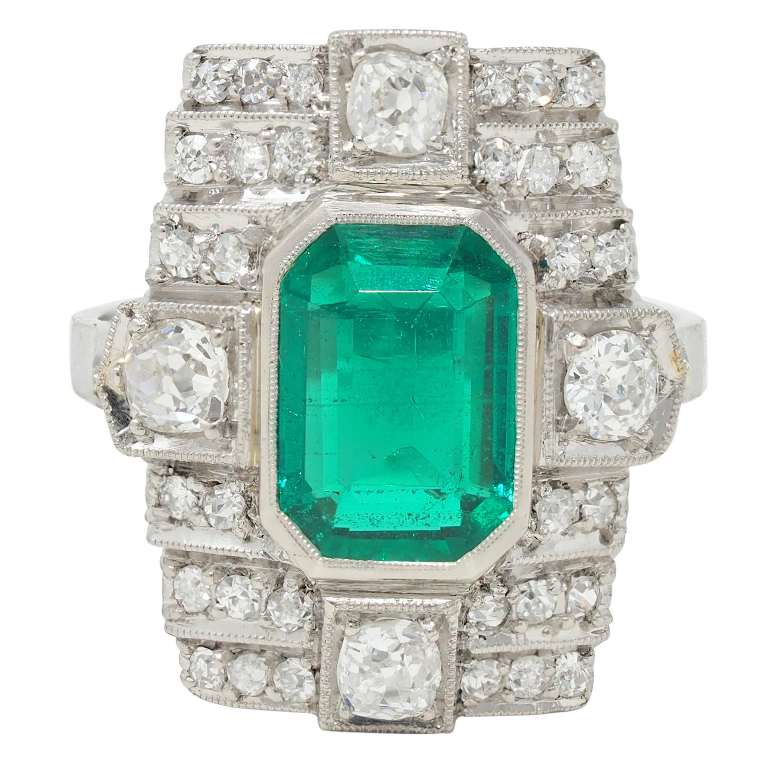 Art Deco 2.25 CTW Colombian Emerald Diamond Platinum Vintage Dinner Ring AGL