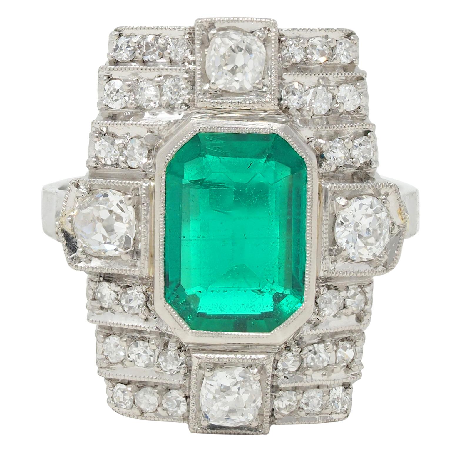 Art Deco 2.25 CTW Colombian Emerald Diamond Platinum Vintage Dinner Ring AGL