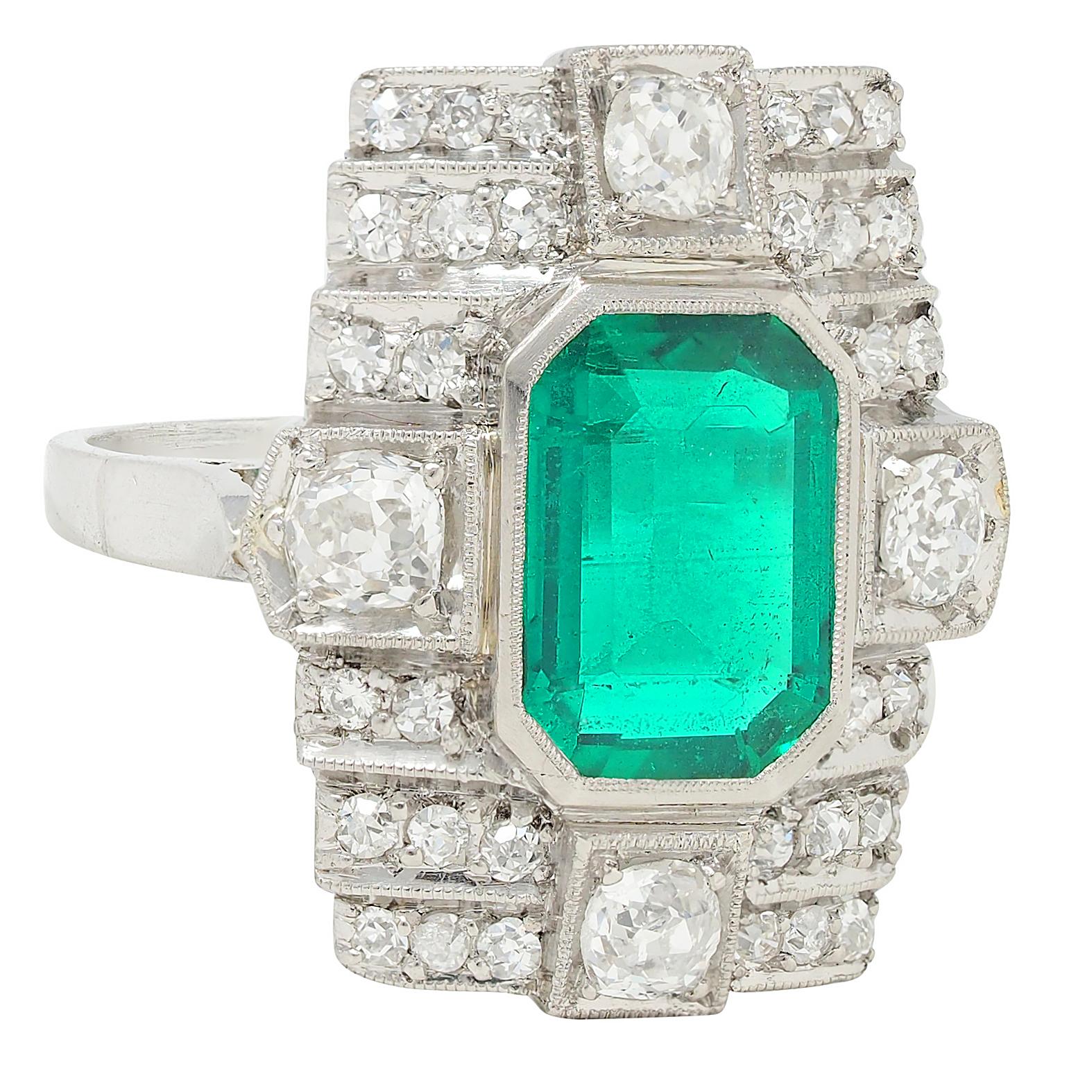 Art Deco 2.25 CTW Colombian Emerald Diamond Platinum Vintage Dinner Ring AGL