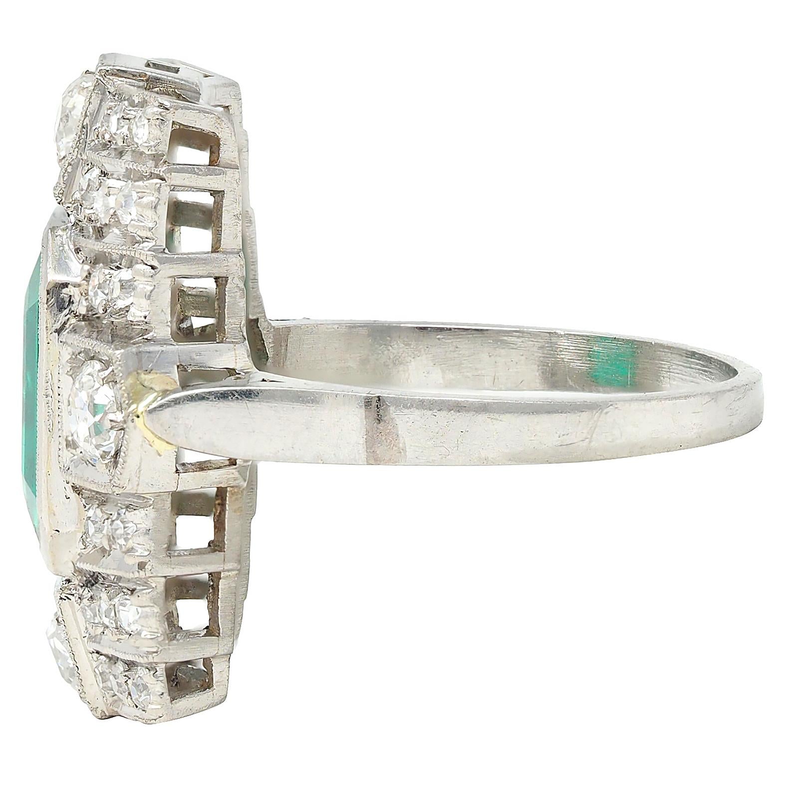 Art Deco 2.25 CTW Colombian Emerald Diamond Platinum Vintage Dinner Ring AGL