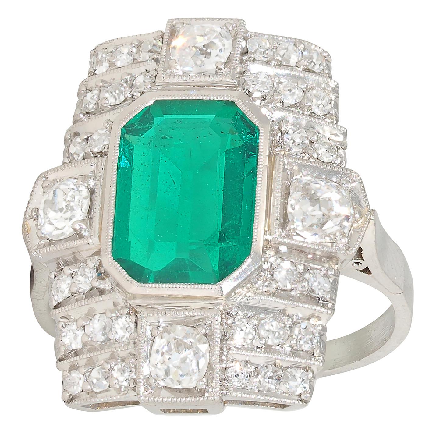 Art Deco 2.25 CTW Colombian Emerald Diamond Platinum Vintage Dinner Ring AGL