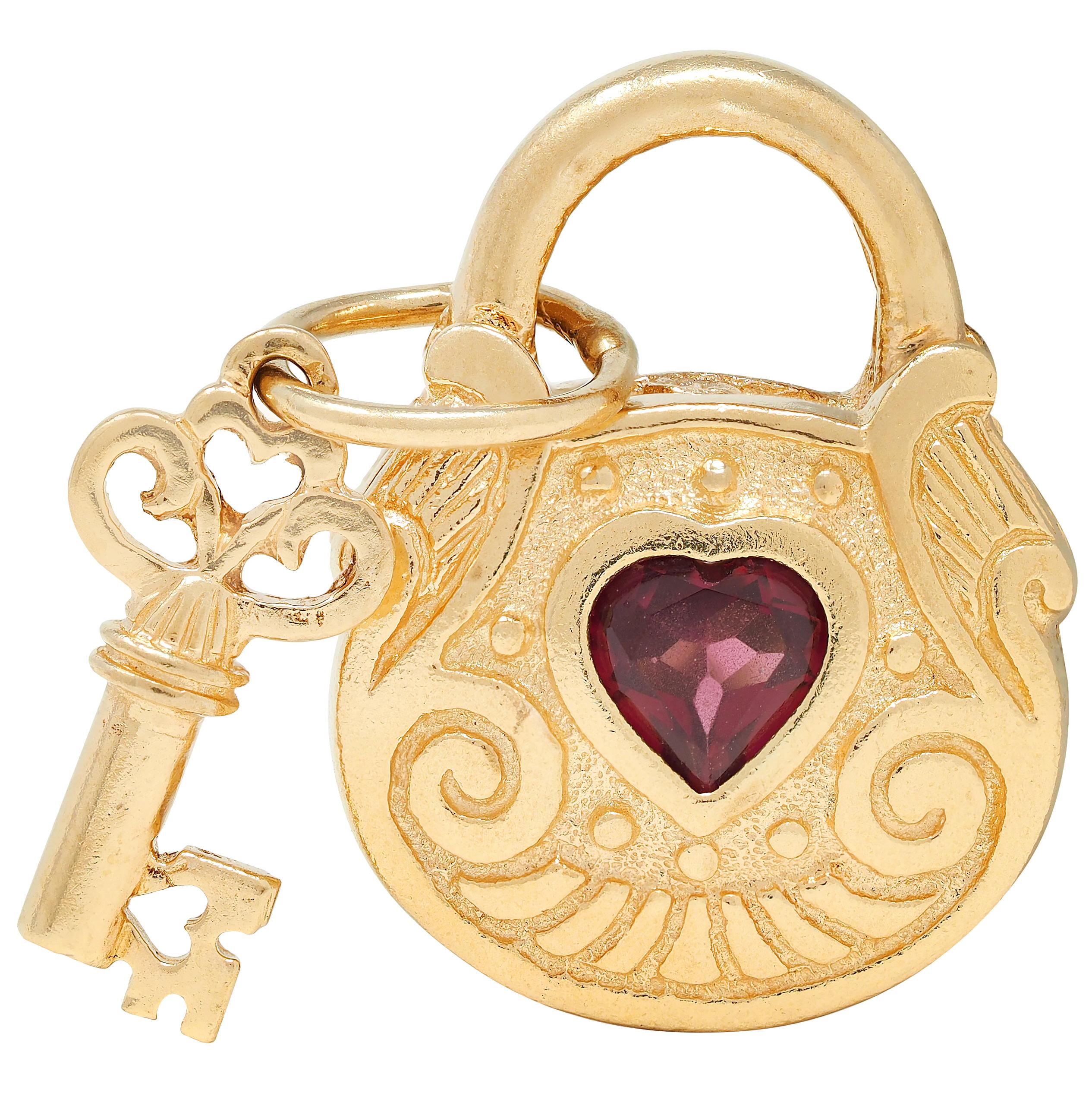 1990's Garnet 14 Karat Yellow Gold Vintage Lock & Key Pendant Charm