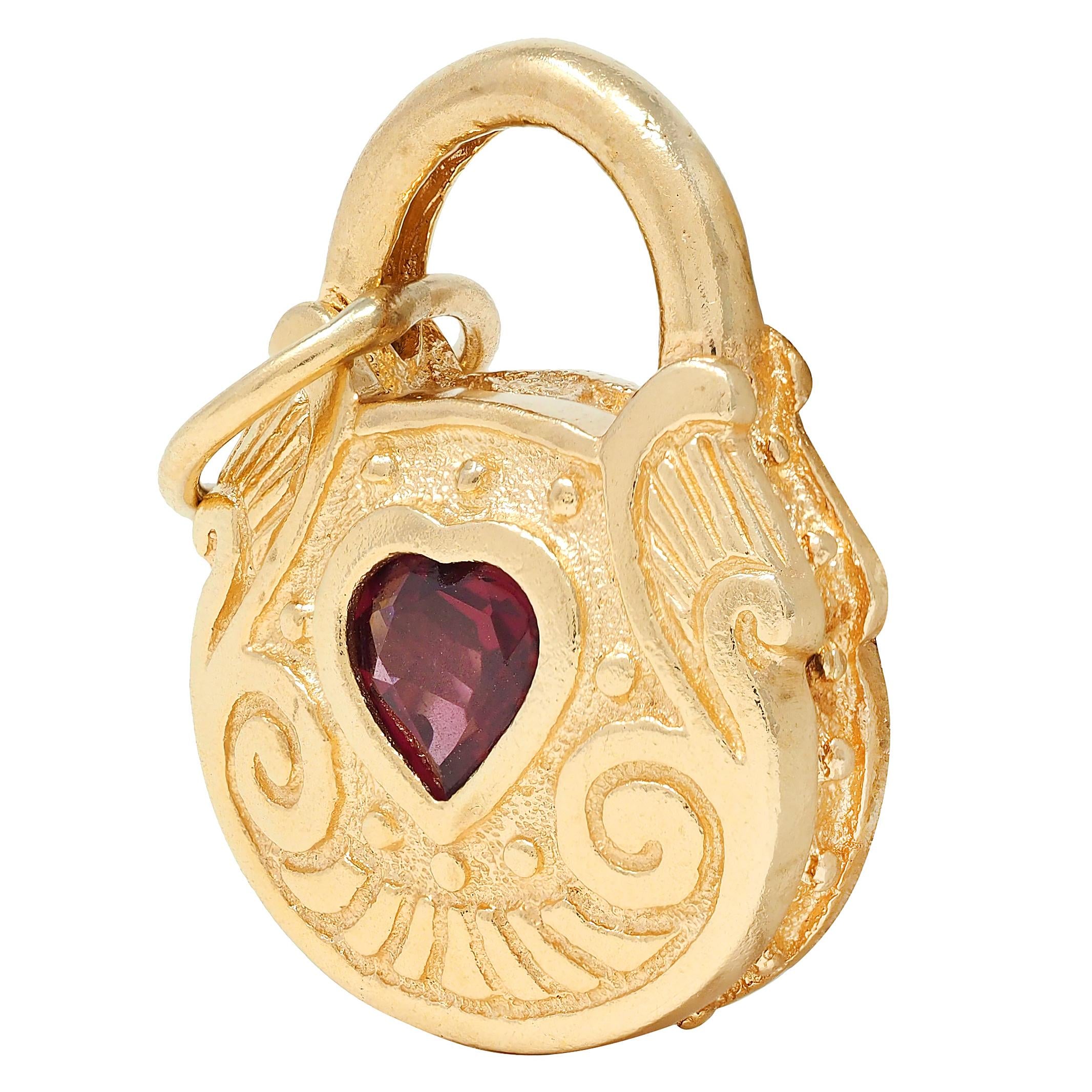 1990's Garnet 14 Karat Yellow Gold Vintage Lock & Key Pendant Charm