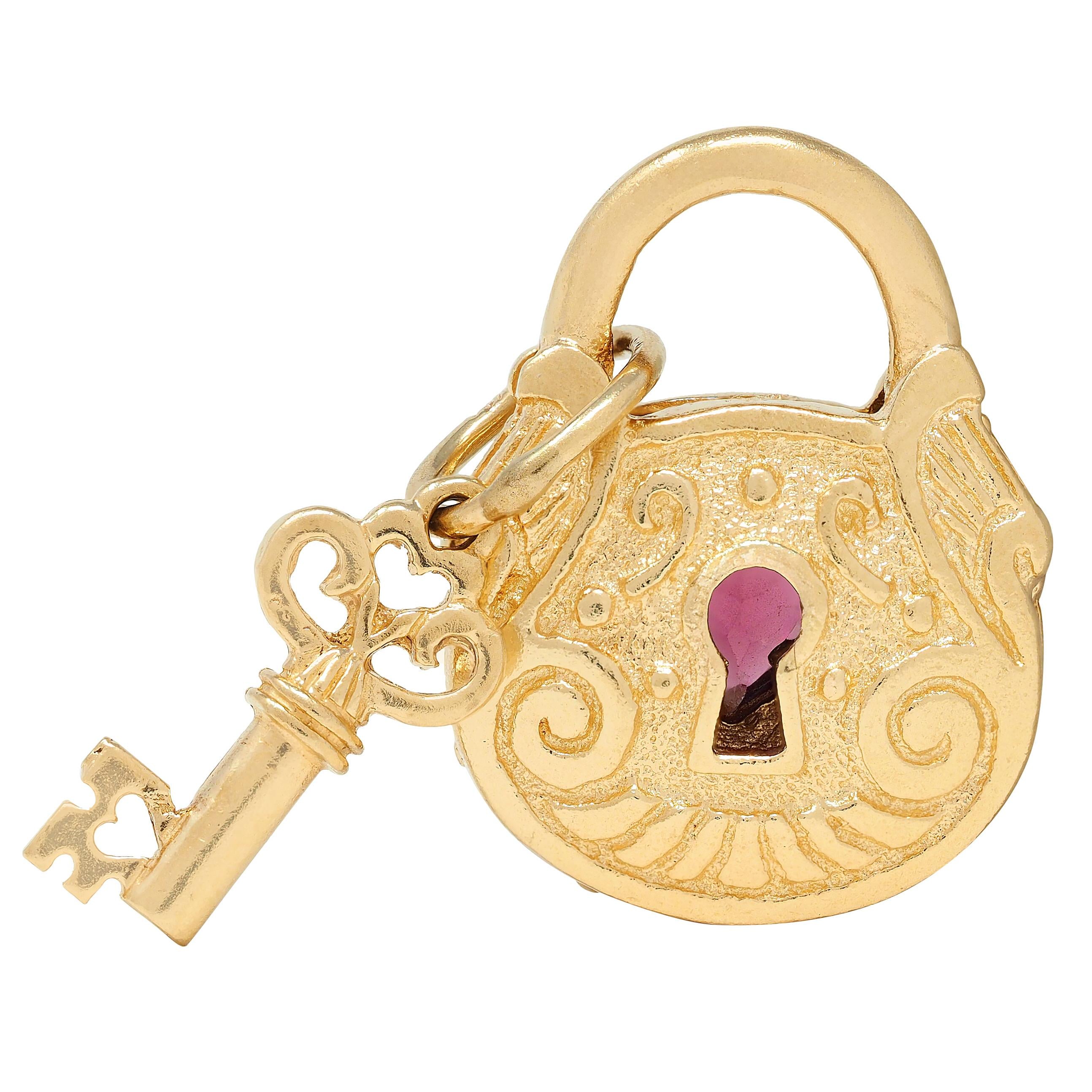 1990's Garnet 14 Karat Yellow Gold Vintage Lock & Key Pendant Charm