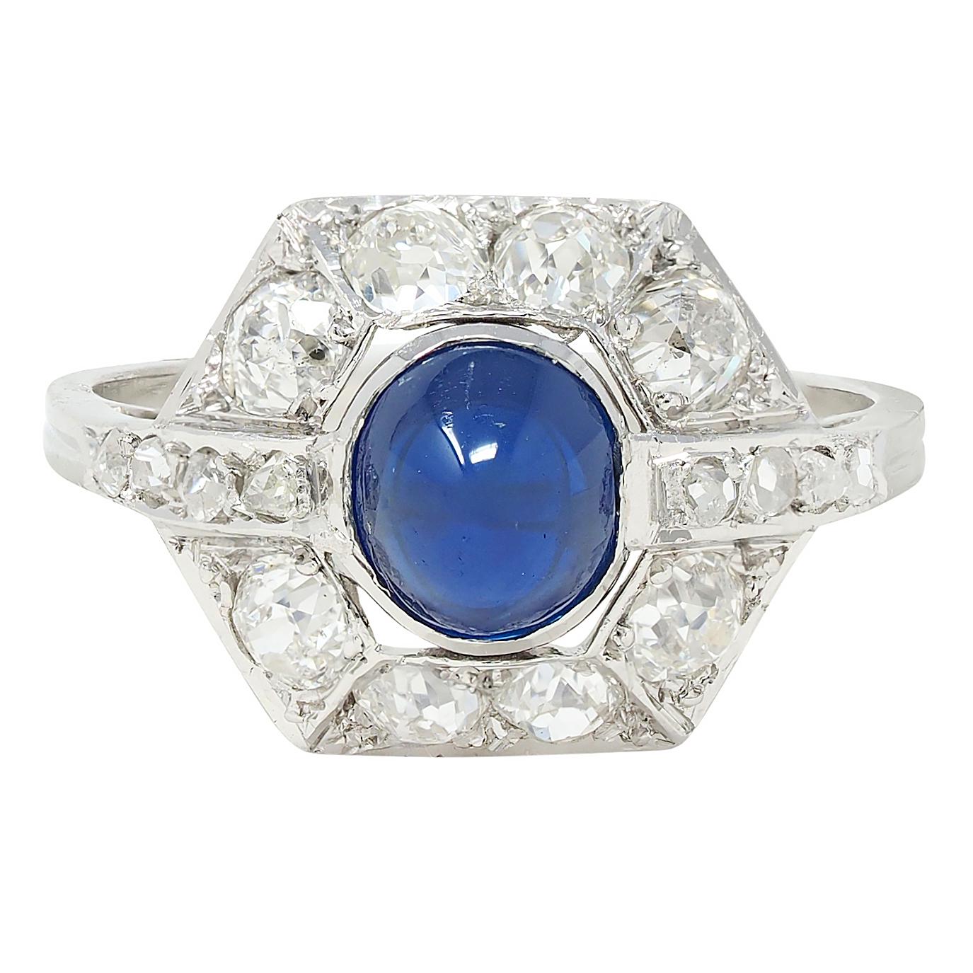 French Art Deco No Heat Sapphire Diamond Platinum Vintage Cluster Ring GIA