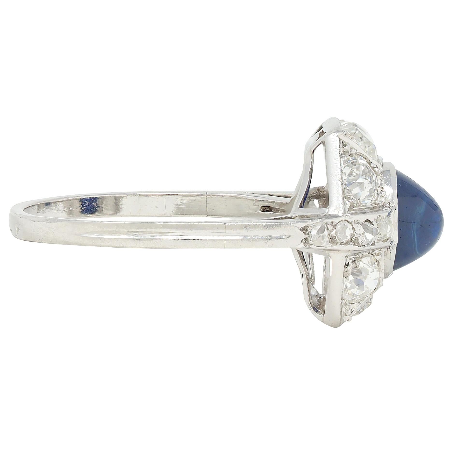 French Art Deco No Heat Sapphire Diamond Platinum Vintage Cluster Ring GIA