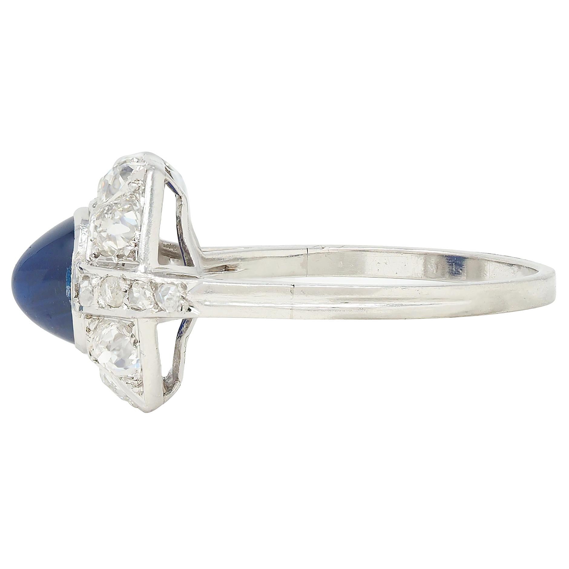 French Art Deco No Heat Sapphire Diamond Platinum Vintage Cluster Ring GIA