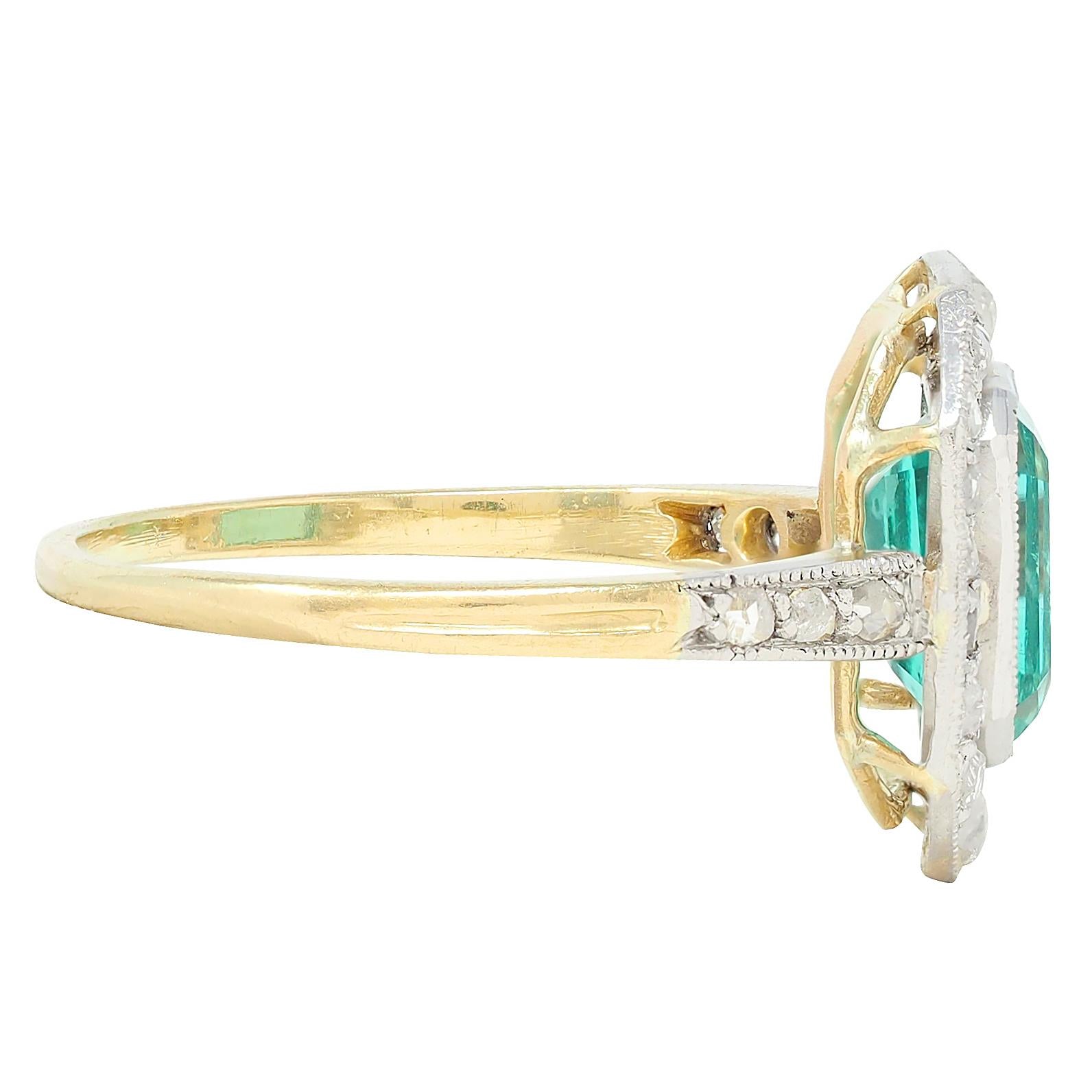 Art Deco 1.67 CTW Colombian Emerald Diamond Platinum 18K Gold Antique Halo Ring