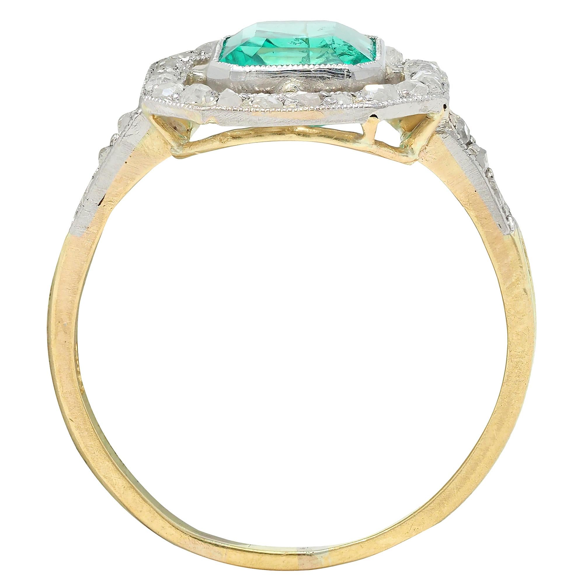 Art Deco 1.67 CTW Colombian Emerald Diamond Platinum 18K Gold Antique Halo Ring