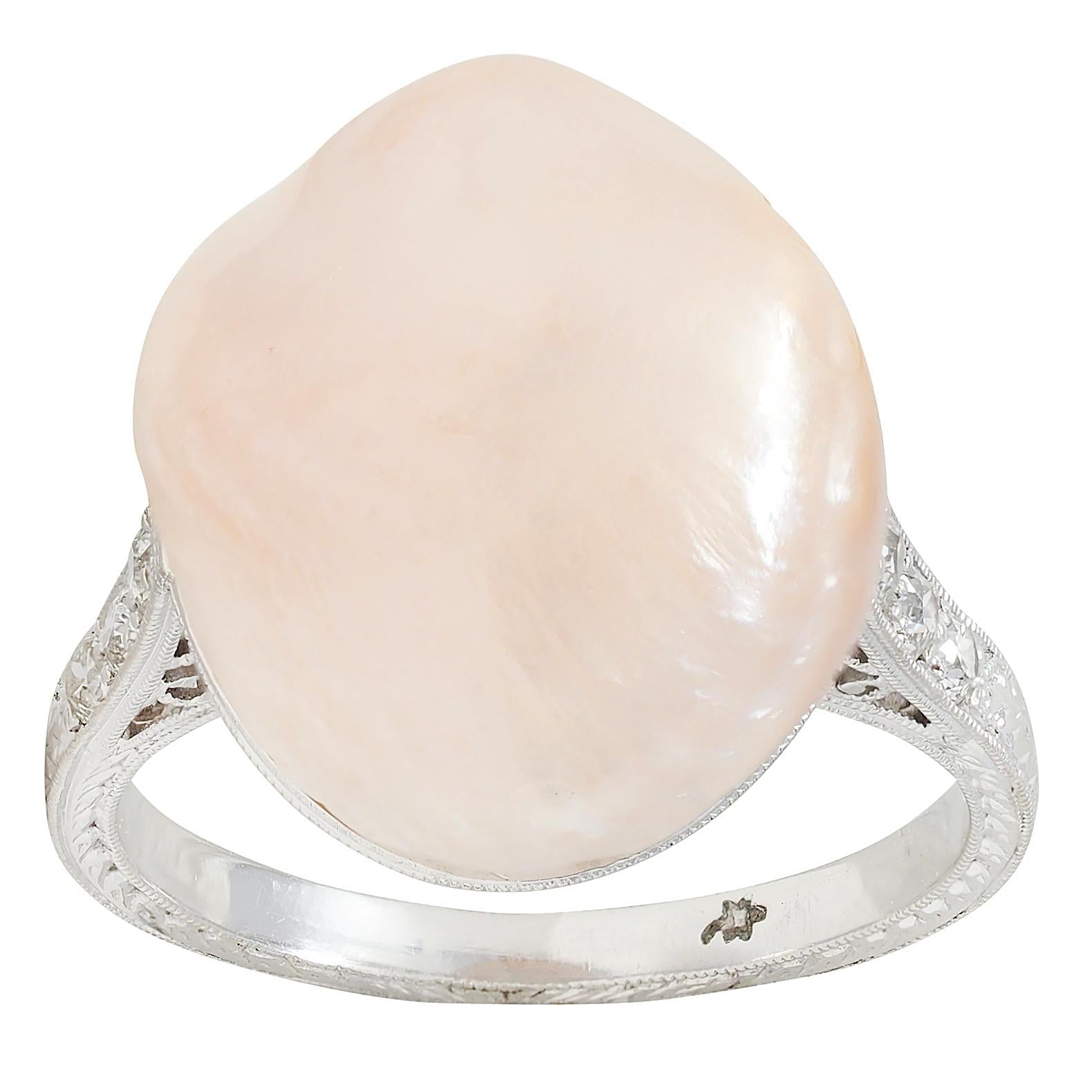 Art Deco Pink Natural Unionidae Pearl Diamond Platinum Antique Dinner Ring GIA