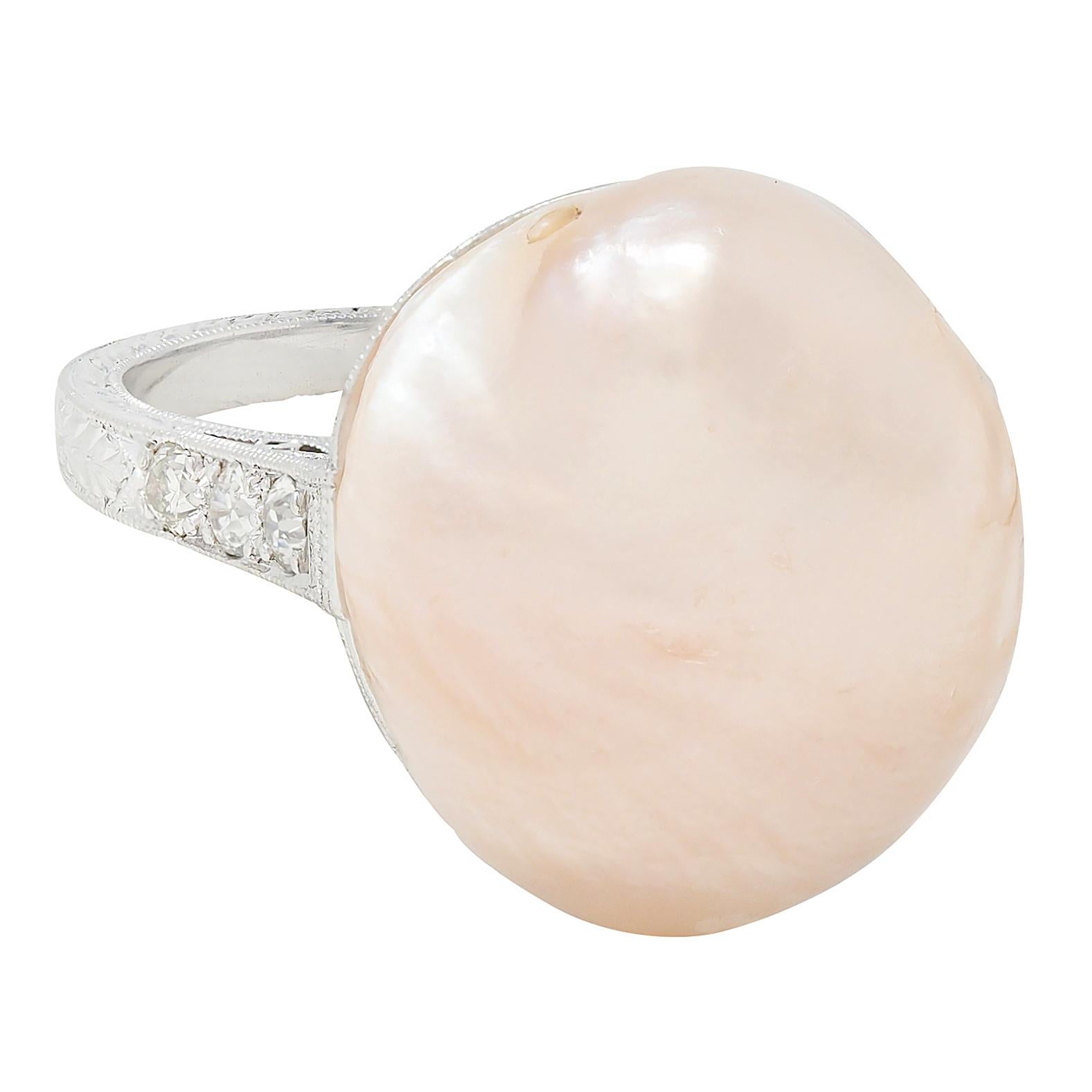 Art Deco Pink Natural Unionidae Pearl Diamond Platinum Antique Dinner Ring GIA