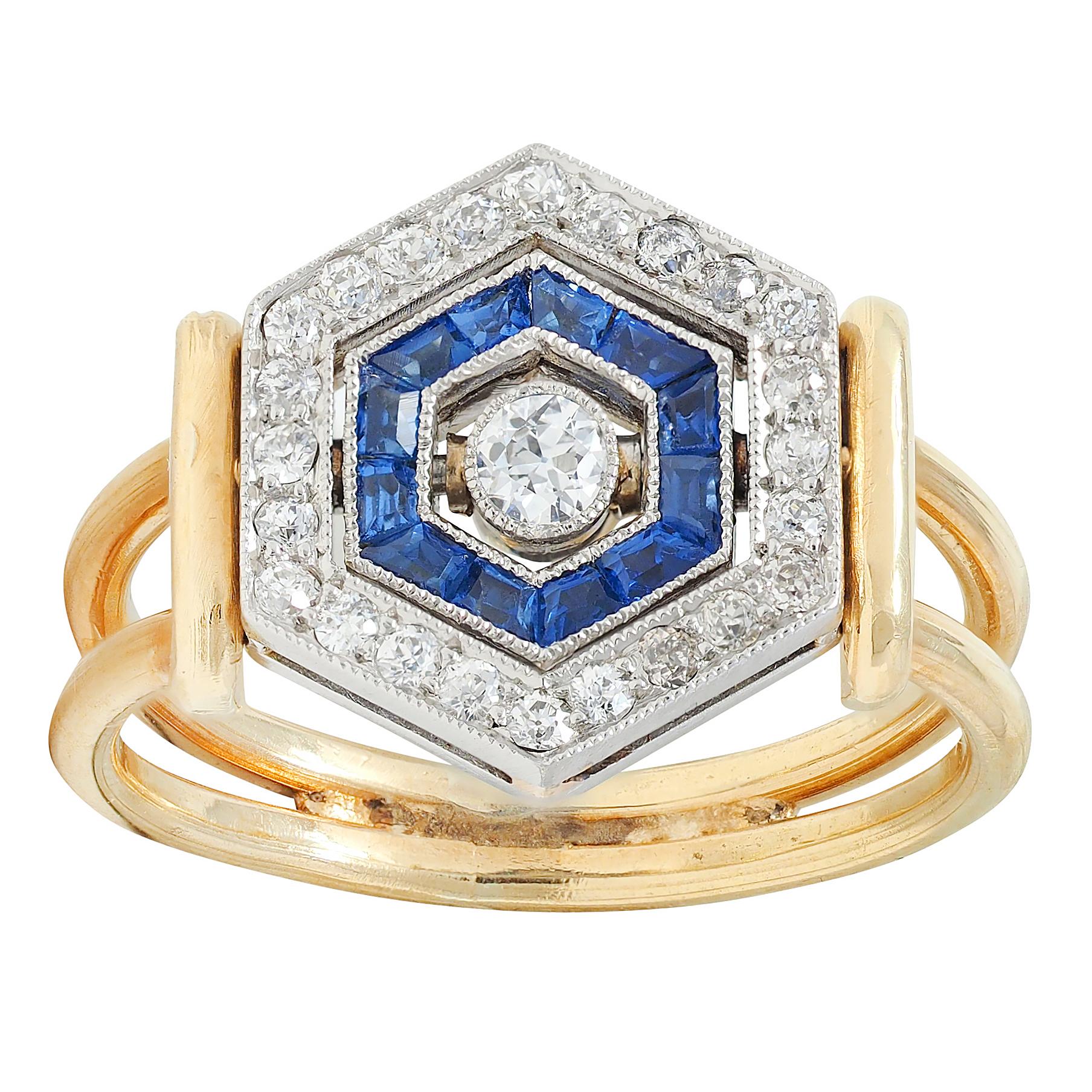 Art Deco Sapphire Diamond Platinum 18 Karat Yellow Gold Vintage Flip Ring