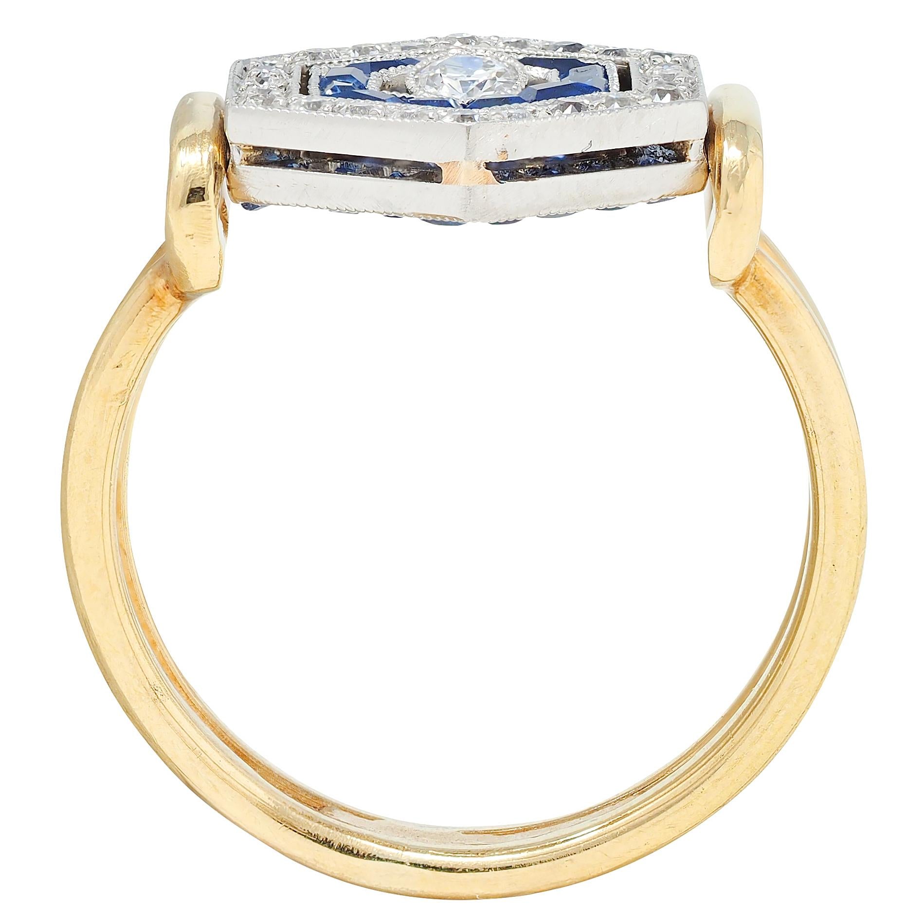 Art Deco Sapphire Diamond Platinum 18 Karat Yellow Gold Vintage Flip Ring