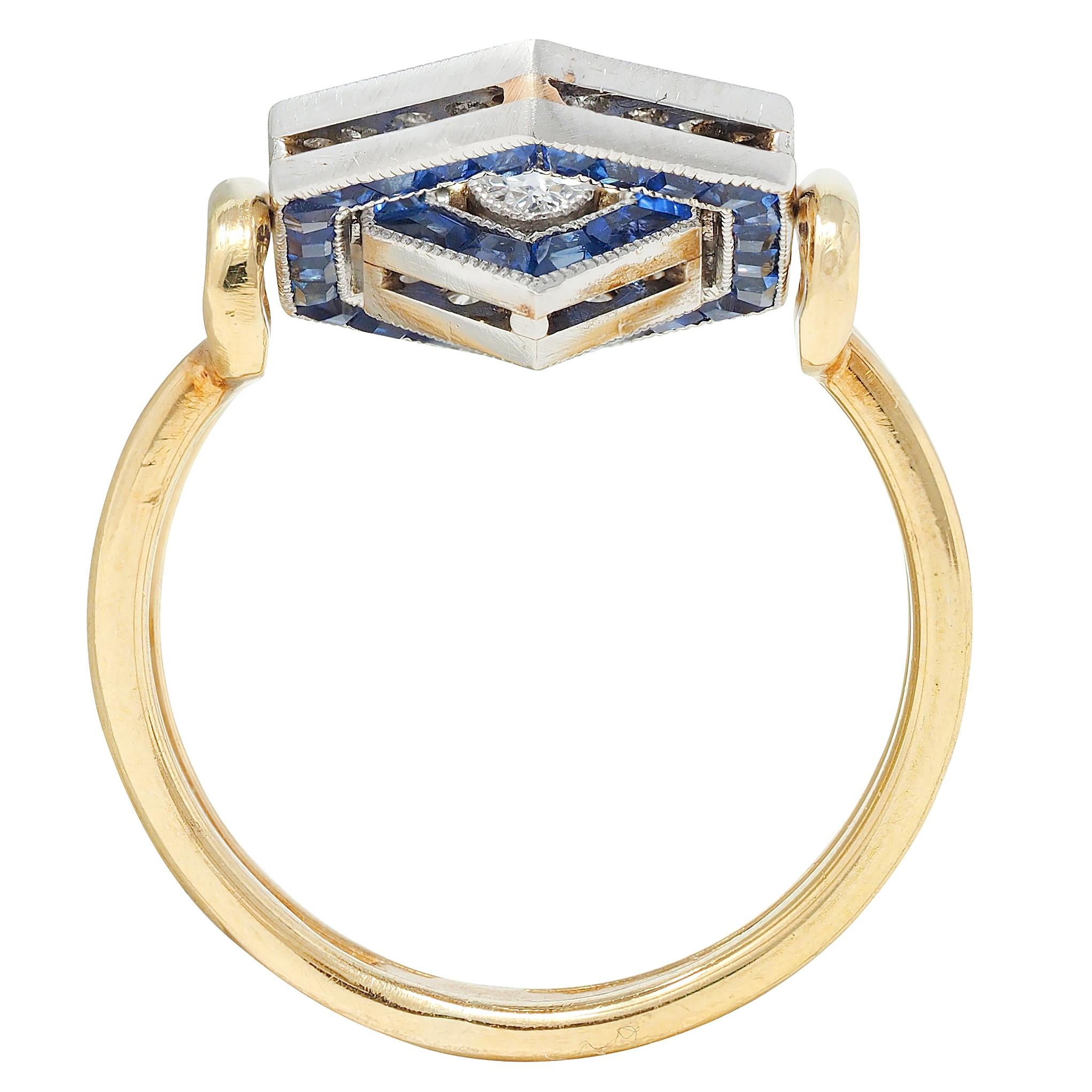 Art Deco Sapphire Diamond Platinum 18 Karat Yellow Gold Vintage Flip Ring