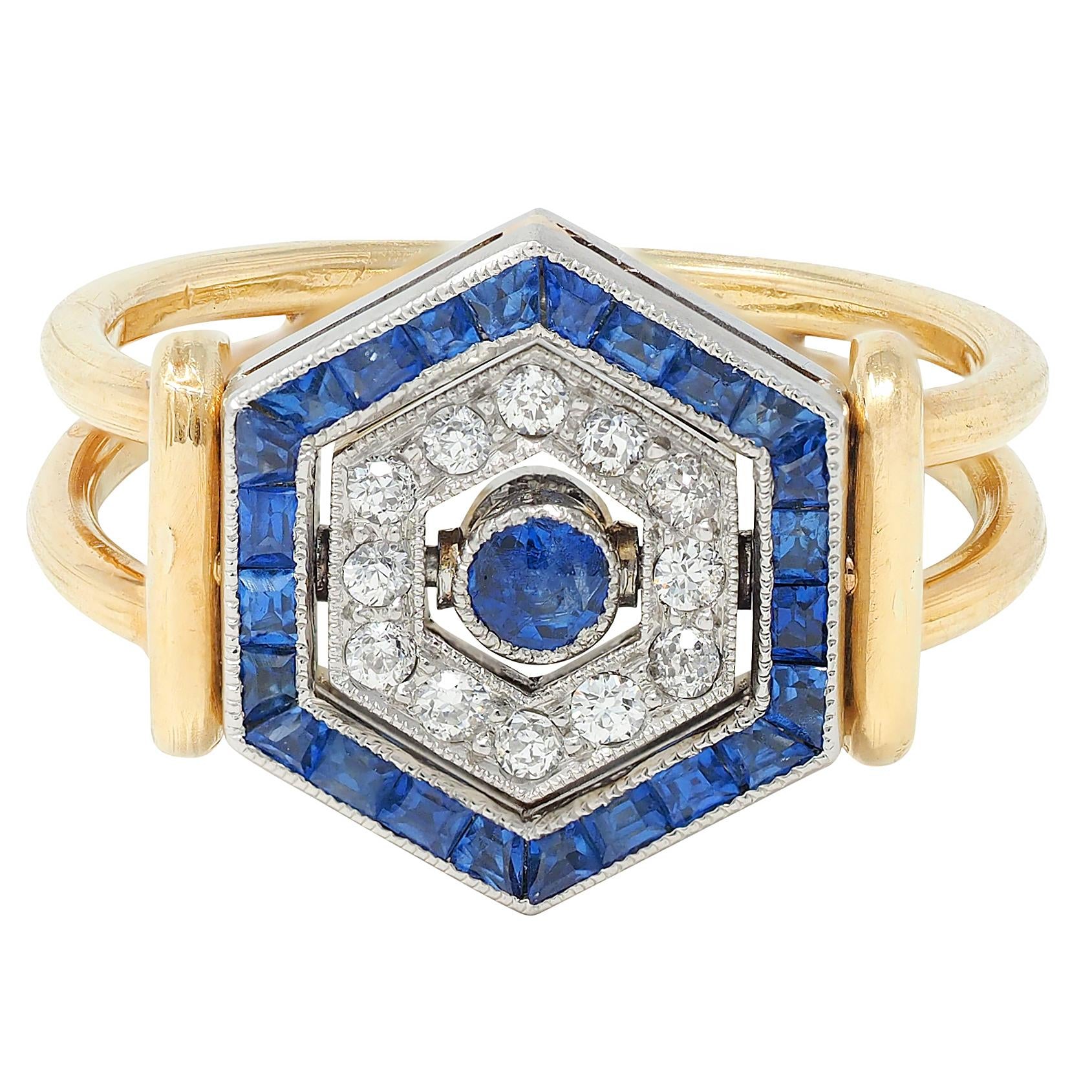 Art Deco Sapphire Diamond Platinum 18 Karat Yellow Gold Vintage Flip Ring