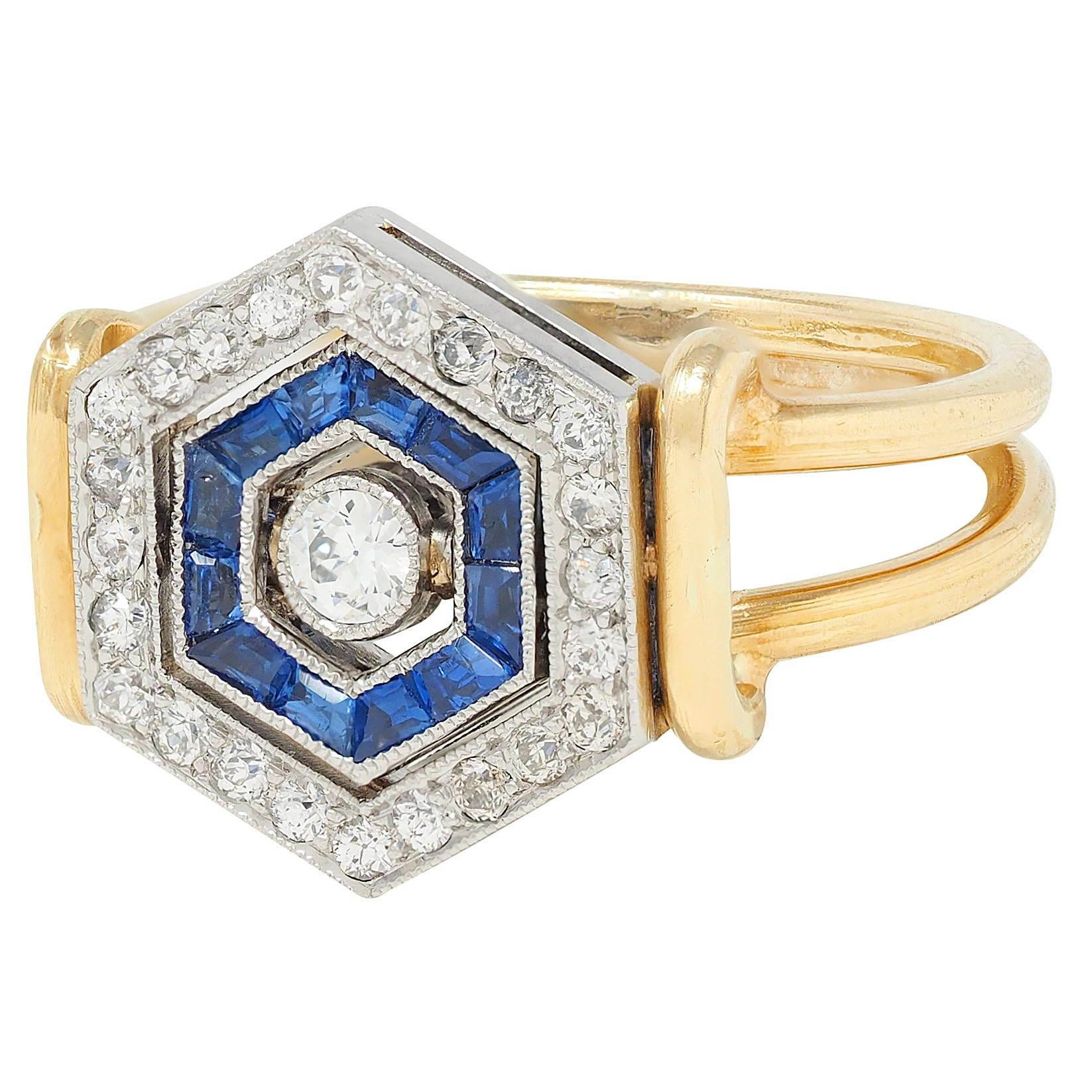 Art Deco Sapphire Diamond Platinum 18 Karat Yellow Gold Vintage Flip Ring