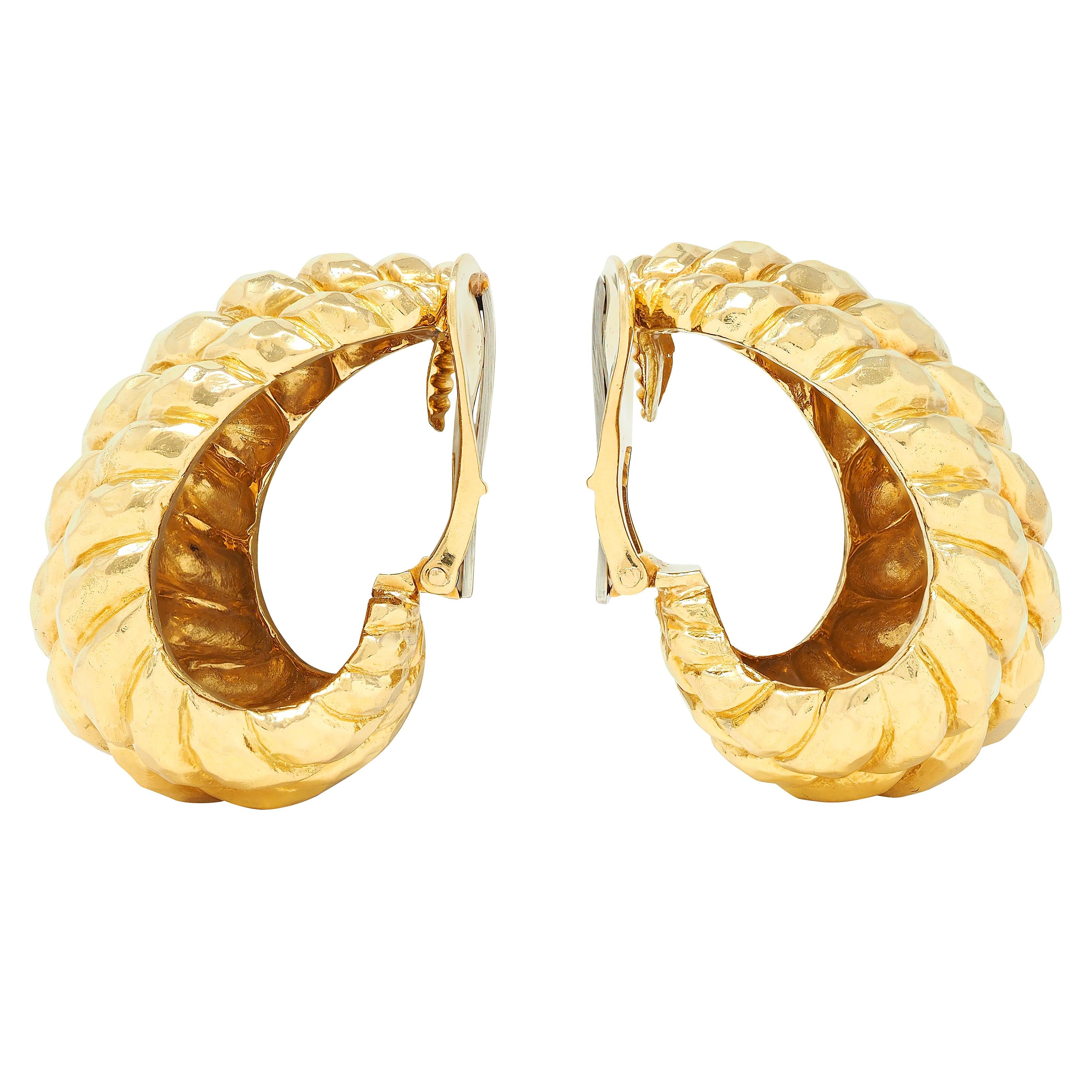 David Webb 1980's 18 Karat Yellow Gold Vintage J-Hoop Ear-Clip Earrings