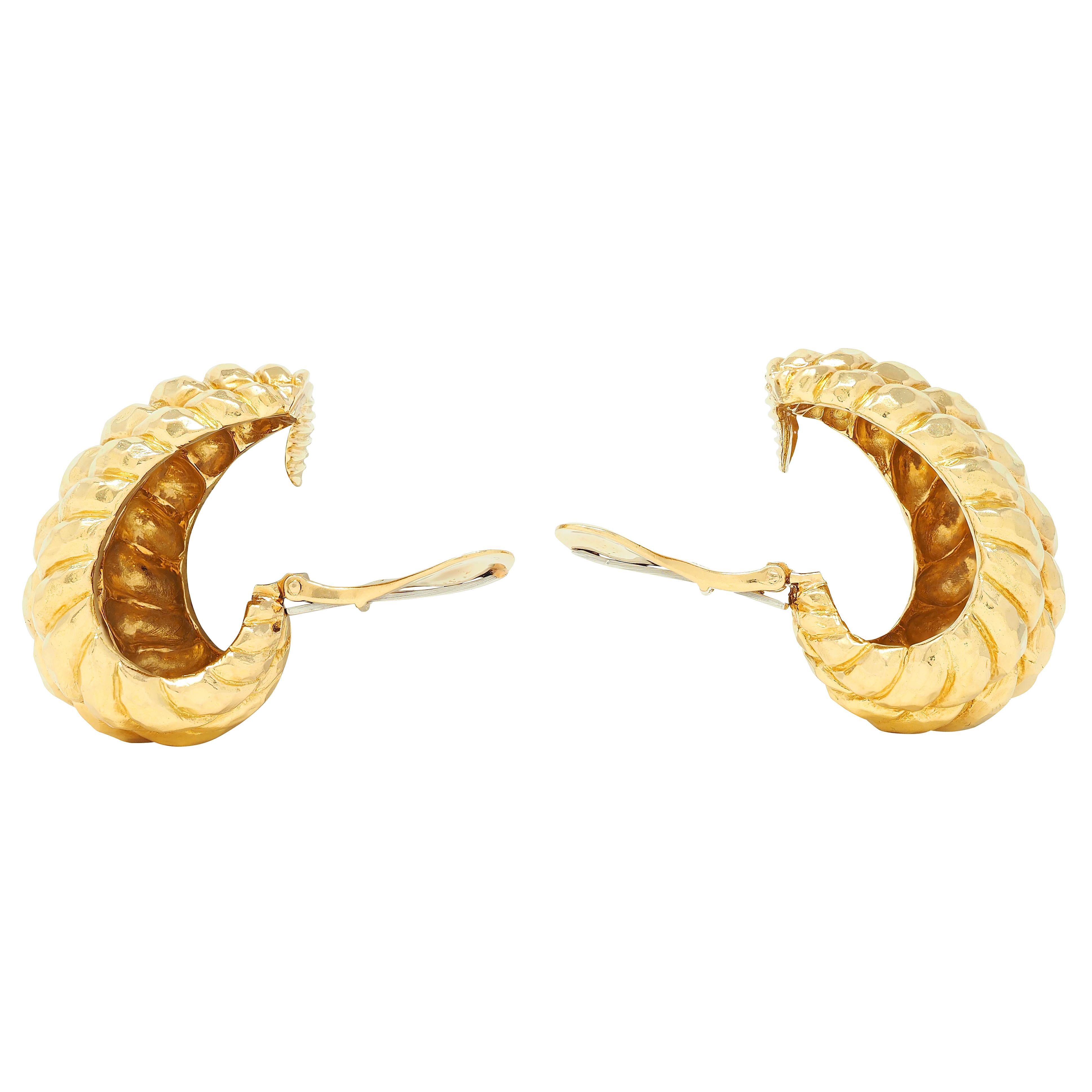 David Webb 1980's 18 Karat Yellow Gold Vintage J-Hoop Ear-Clip Earrings